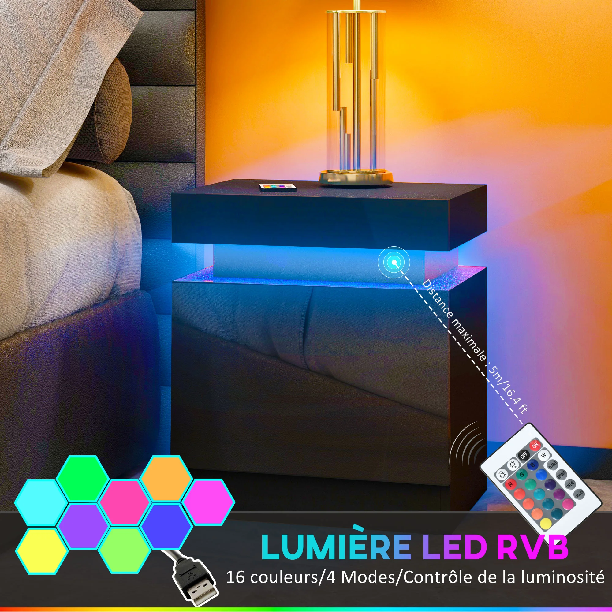 Table de chevet, table de nuit, avec lumière LED RVB, fa?ade du tiroir haute brillance, table d'appoint avec 2 tiroirs, pour salon, chambre à coucher, noir - Image 5