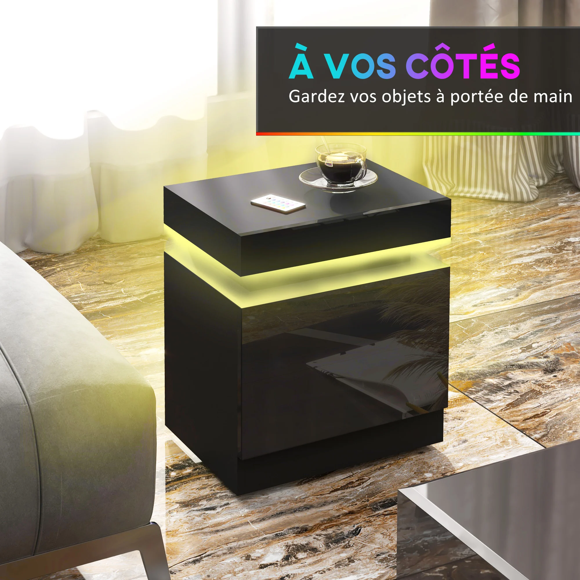 Table de chevet, table de nuit, avec lumière LED RVB, fa?ade du tiroir haute brillance, table d'appoint avec 2 tiroirs, pour salon, chambre à coucher, noir - Image 6