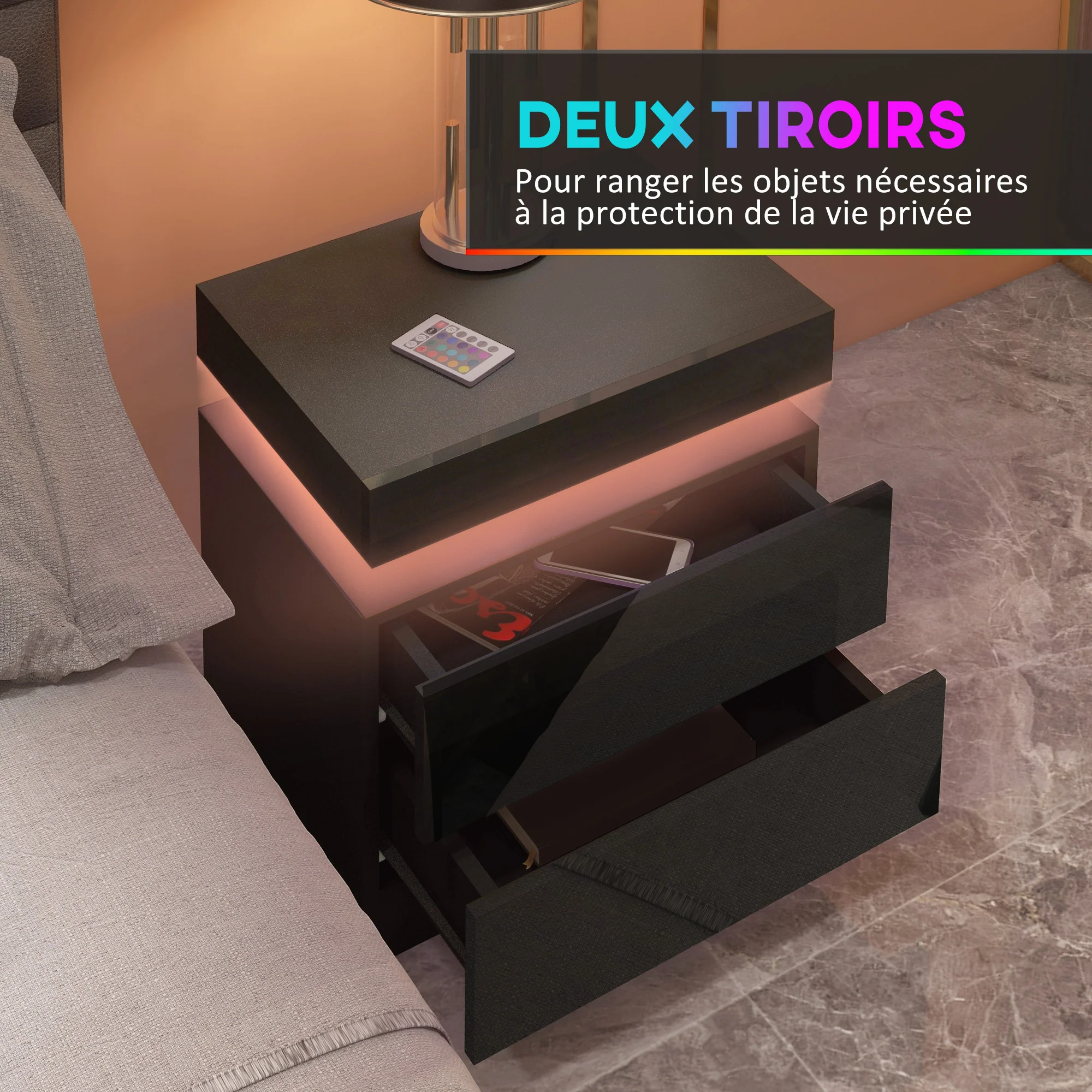Table de chevet, table de nuit, avec lumière LED RVB, fa?ade du tiroir haute brillance, table d'appoint avec 2 tiroirs, pour salon, chambre à coucher, noir - Image 7