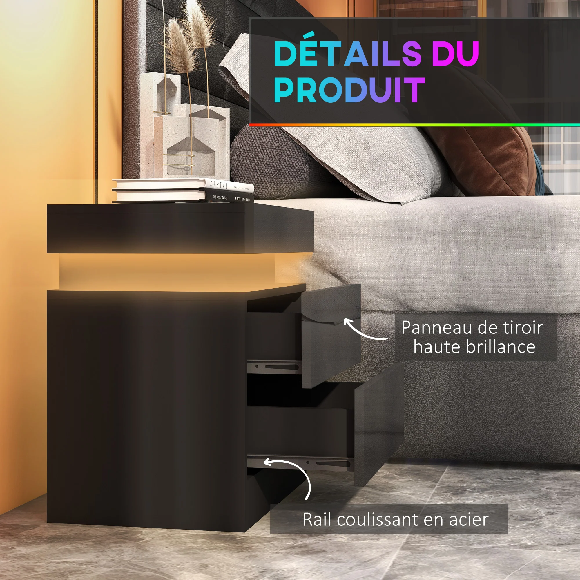 Table de chevet, table de nuit, avec lumière LED RVB, fa?ade du tiroir haute brillance, table d'appoint avec 2 tiroirs, pour salon, chambre à coucher, noir - Image 8