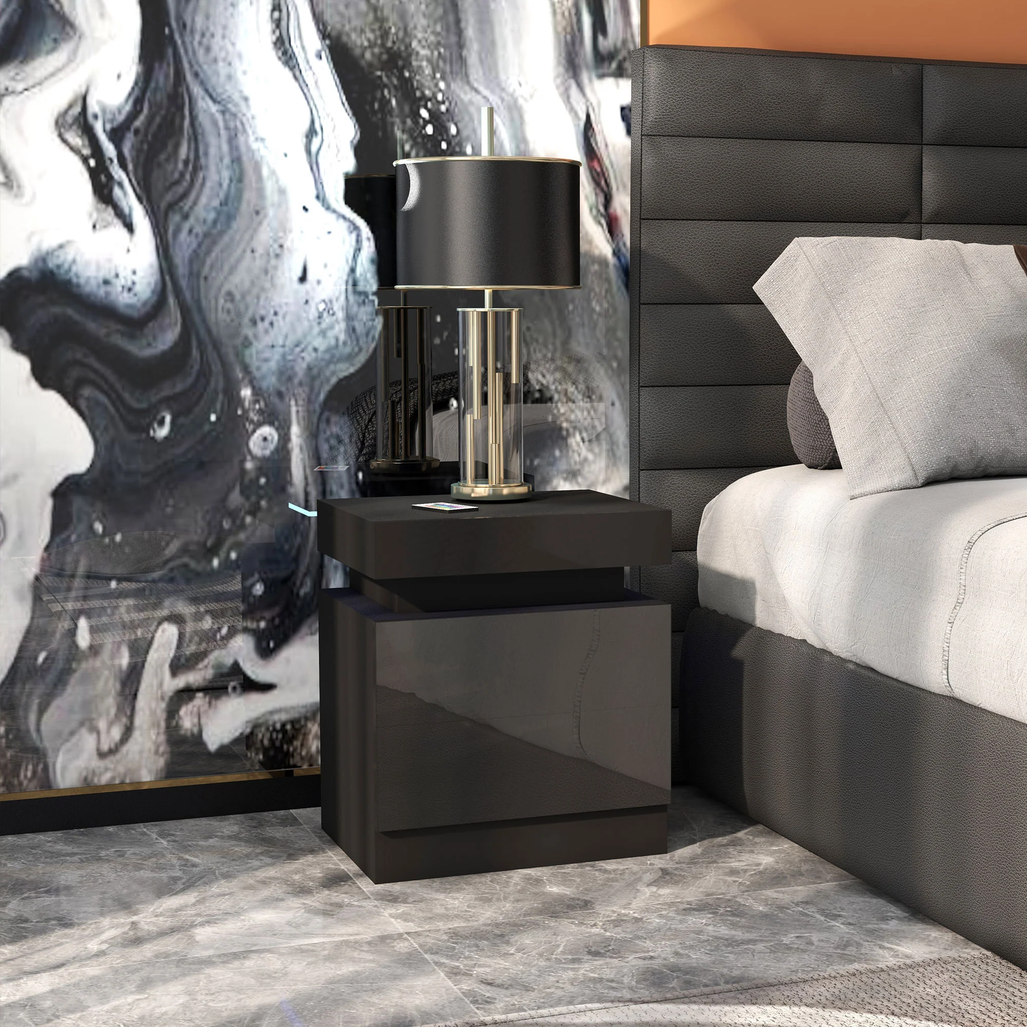 Table de chevet, table de nuit, avec lumière LED RVB, fa?ade du tiroir haute brillance, table d'appoint avec 2 tiroirs, pour salon, chambre à coucher, noir - Image 9