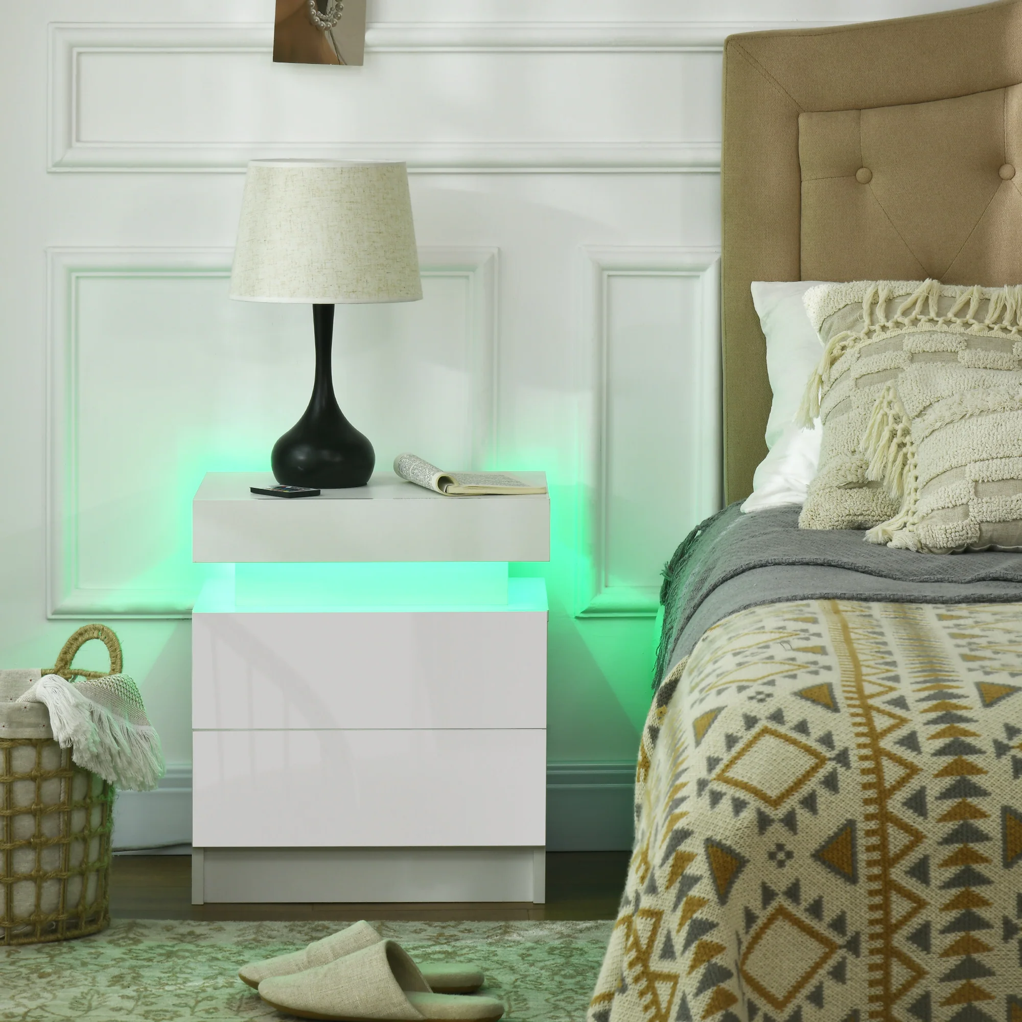 Table de chevet, table de nuit, avec lumière LED RVB, panneau haute brillance, table d'appoint avec 2 tiroirs, pour salon, chambre à coucher, blanc - Image 3