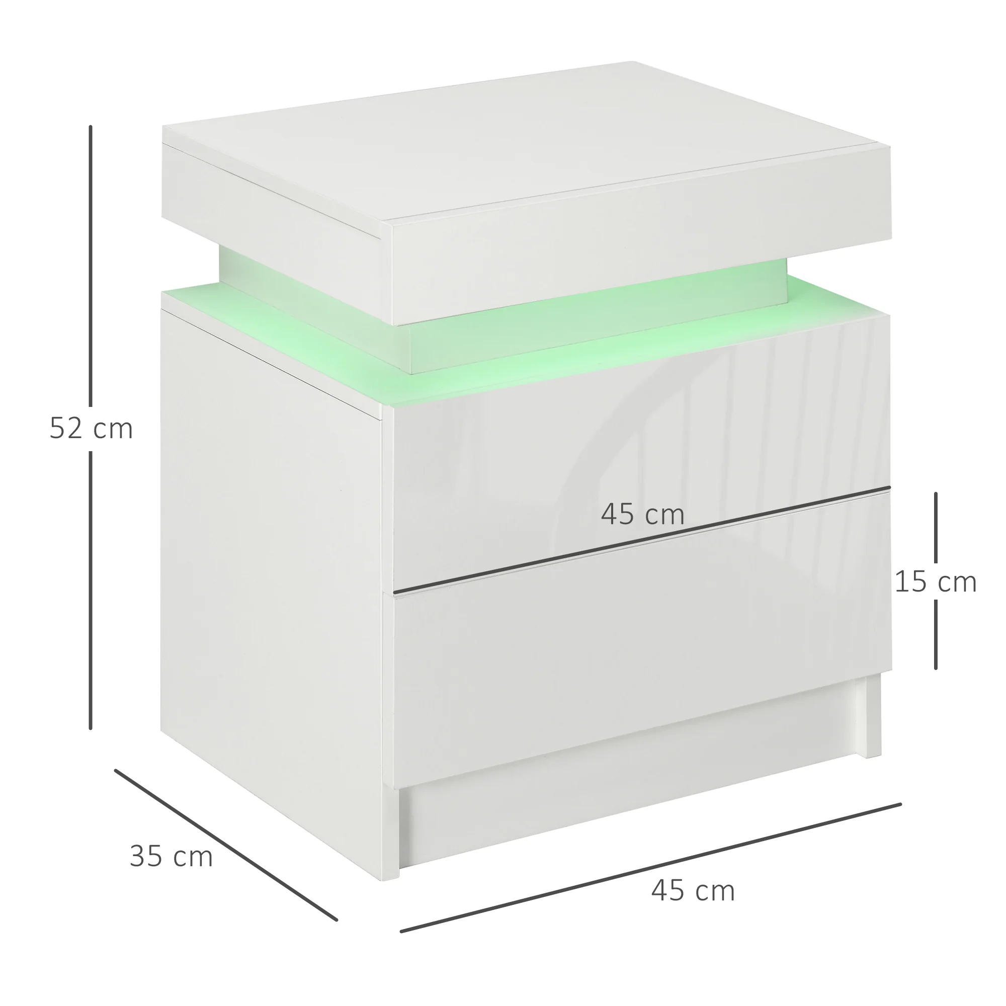 Table de chevet, table de nuit, avec lumière LED RVB, panneau haute brillance, table d'appoint avec 2 tiroirs, pour salon, chambre à coucher, blanc - Image 4