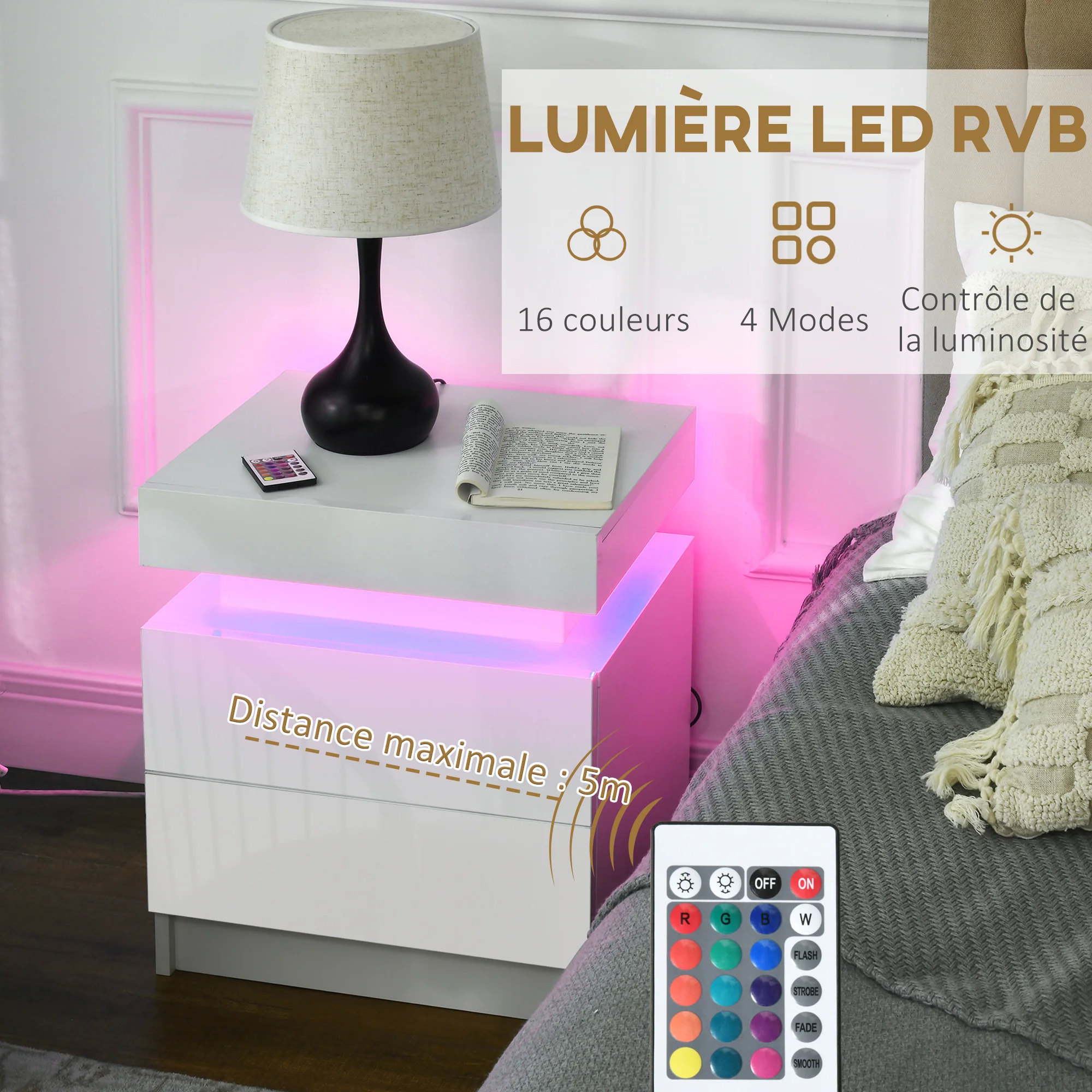 Table de chevet, table de nuit, avec lumière LED RVB, panneau haute brillance, table d'appoint avec 2 tiroirs, pour salon, chambre à coucher, blanc - Image 5