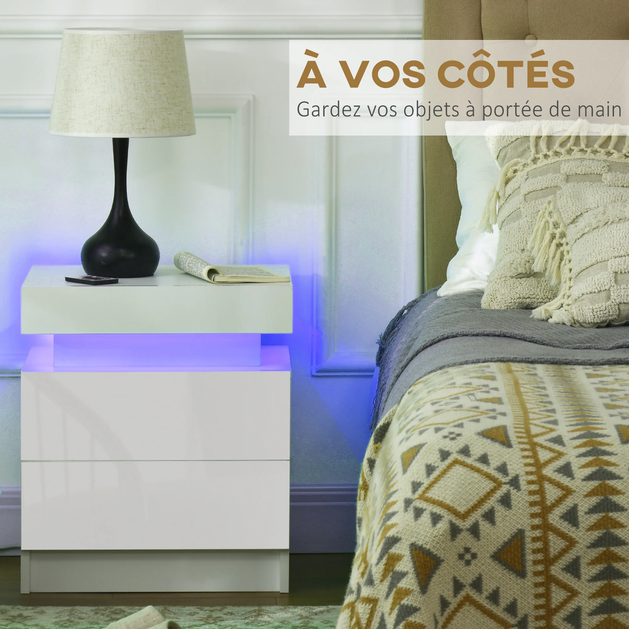 Table de chevet, table de nuit, avec lumière LED RVB, panneau haute brillance, table d'appoint avec 2 tiroirs, pour salon, chambre à coucher, blanc - Image 6