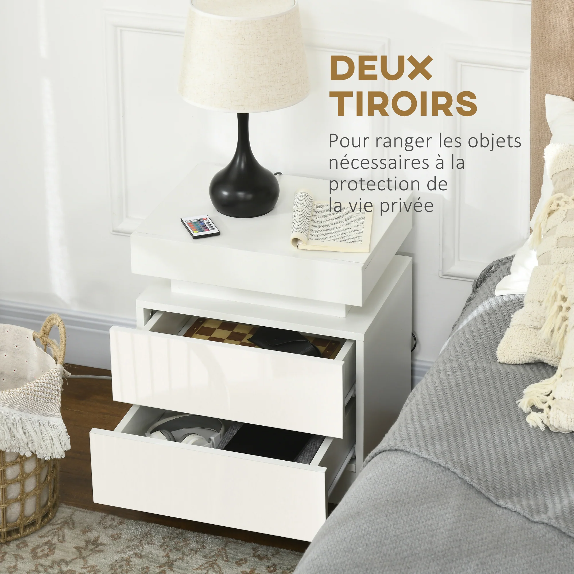 Table de chevet, table de nuit, avec lumière LED RVB, panneau haute brillance, table d'appoint avec 2 tiroirs, pour salon, chambre à coucher, blanc - Image 7