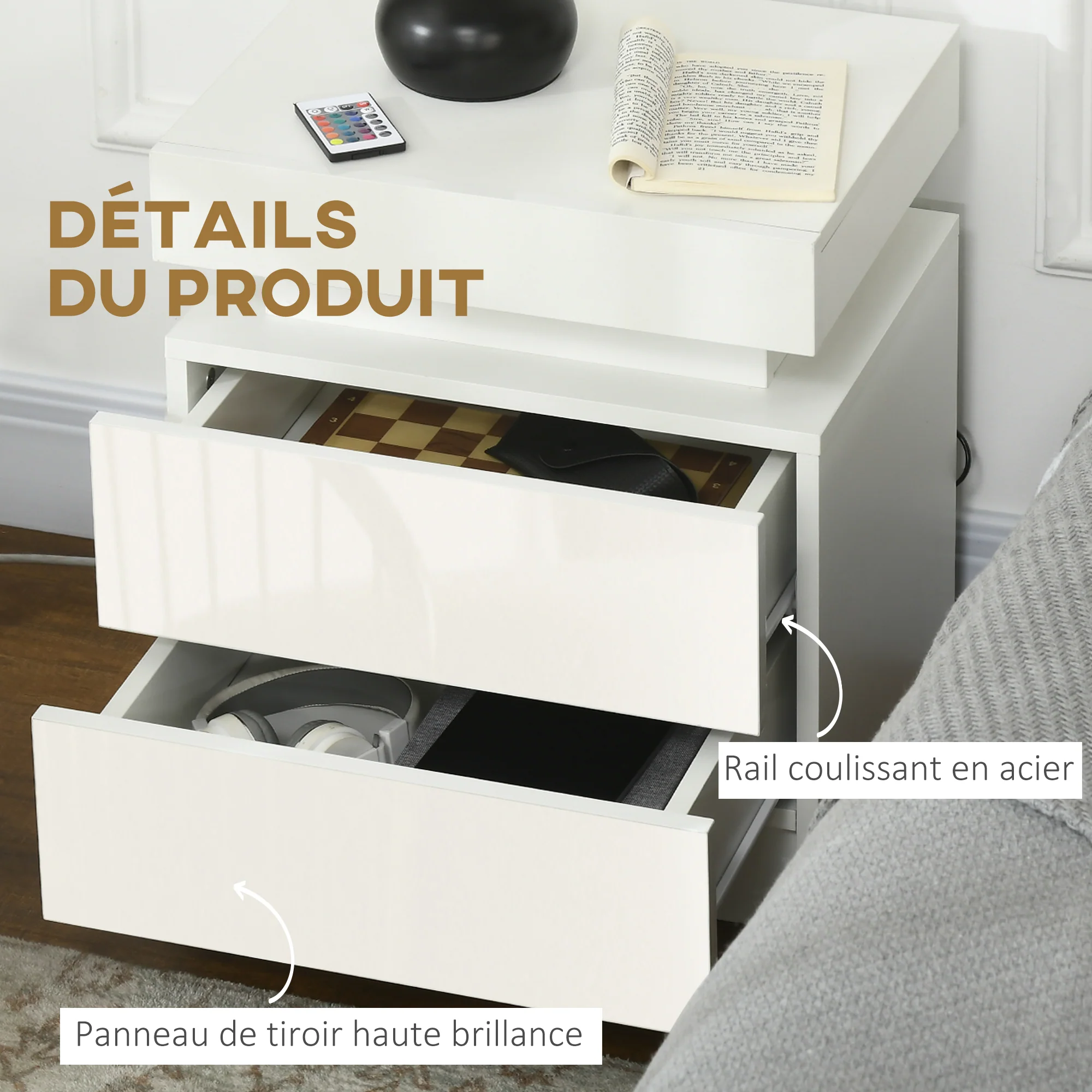 Table de chevet, table de nuit, avec lumière LED RVB, panneau haute brillance, table d'appoint avec 2 tiroirs, pour salon, chambre à coucher, blanc - Image 8