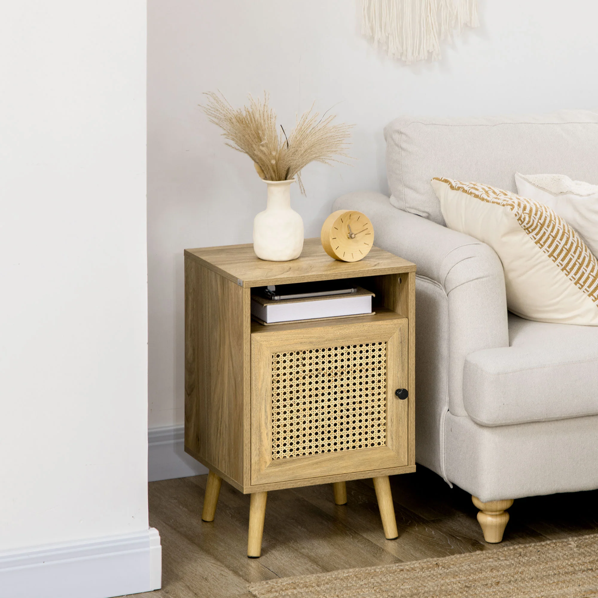 Table de chevet table de nuit avec placard porte cannage et niche design vintage 39 x 35 x 60 cm naturel - Image 3