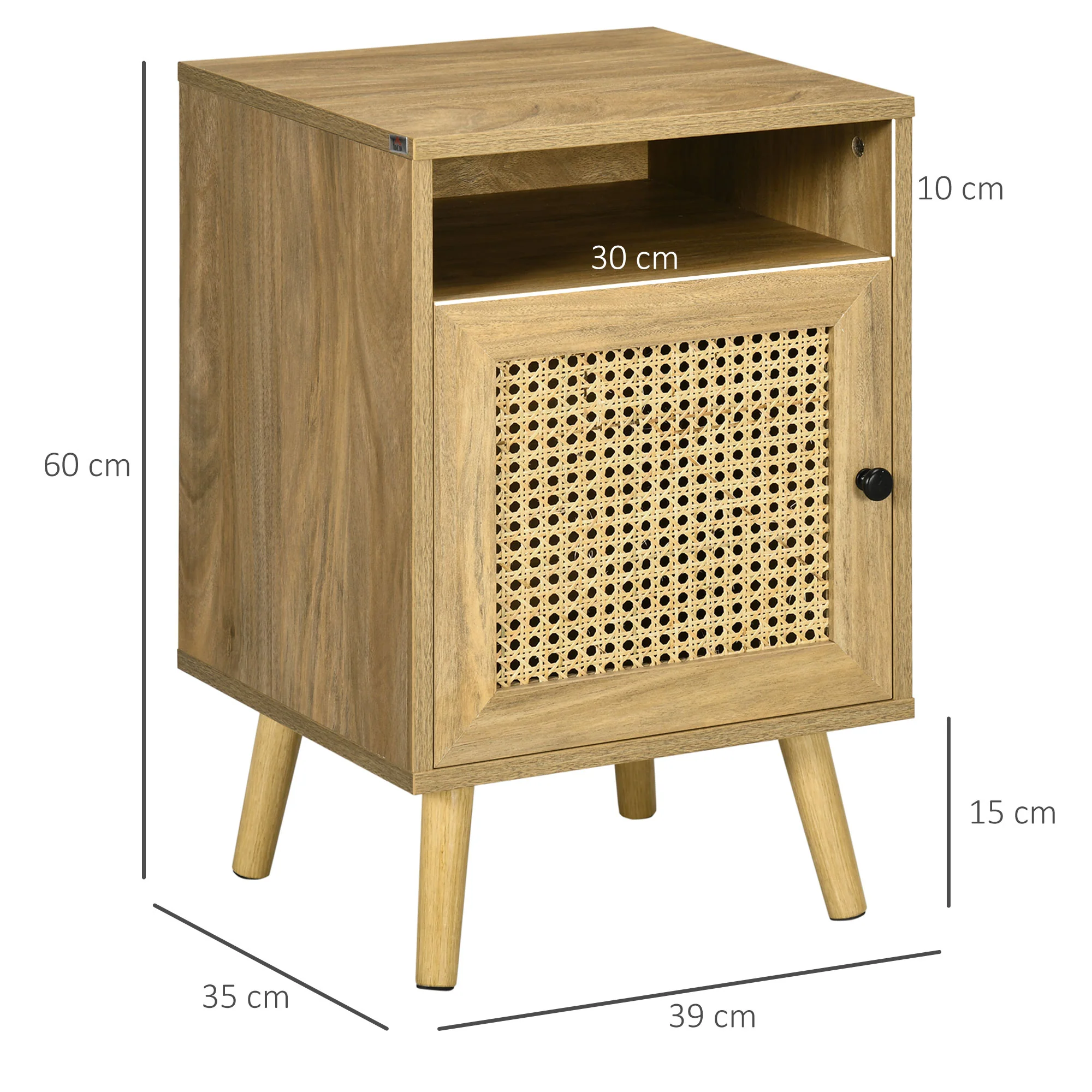 Table de chevet table de nuit avec placard porte cannage et niche design vintage 39 x 35 x 60 cm naturel - Image 4