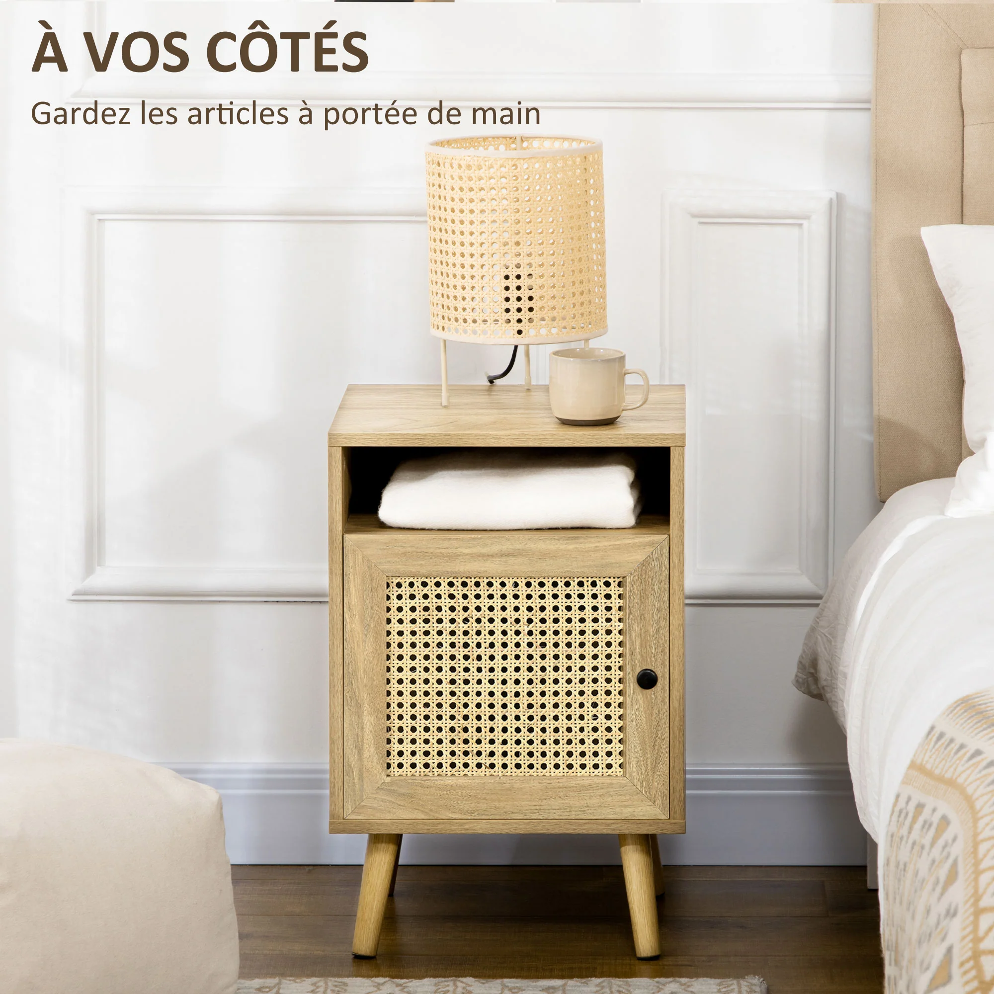 Table de chevet table de nuit avec placard porte cannage et niche design vintage 39 x 35 x 60 cm naturel - Image 5