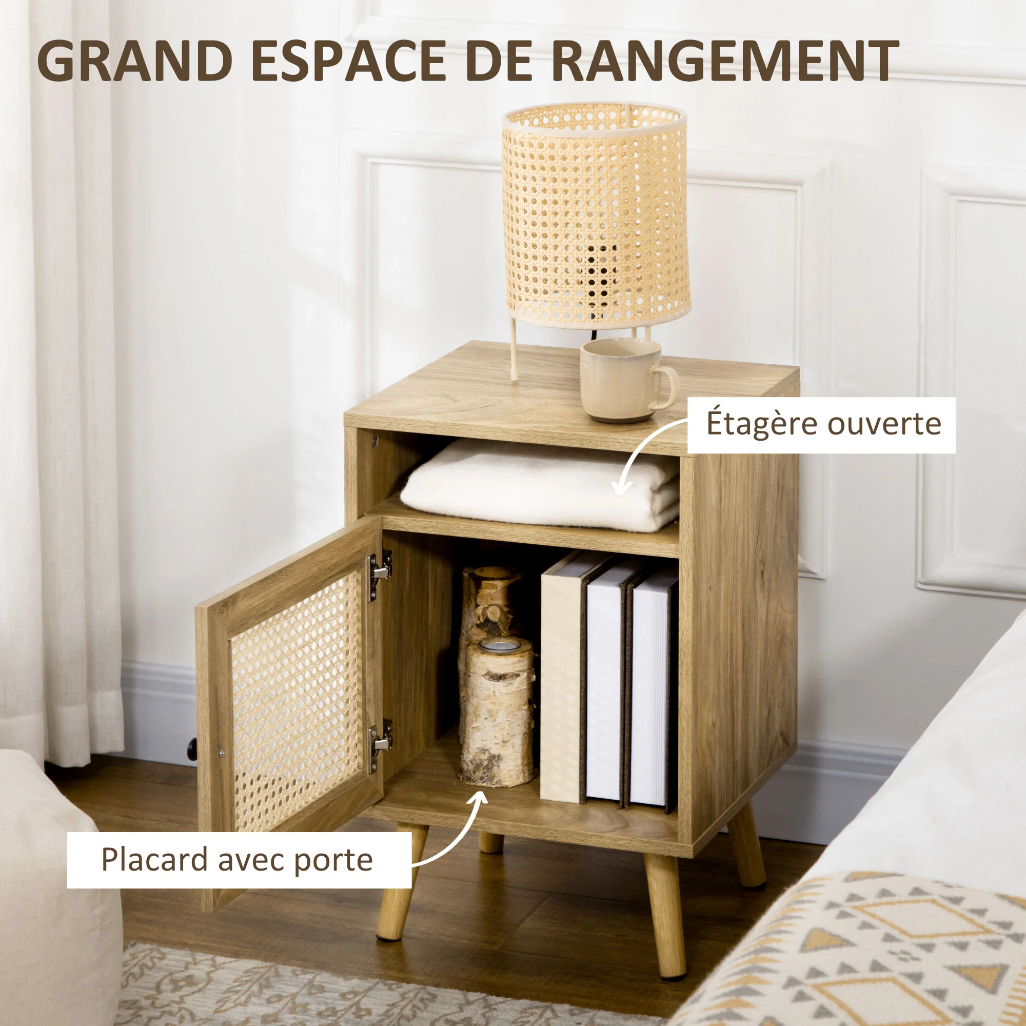 Table de chevet table de nuit avec placard porte cannage et niche design vintage 39 x 35 x 60 cm naturel - Image 6