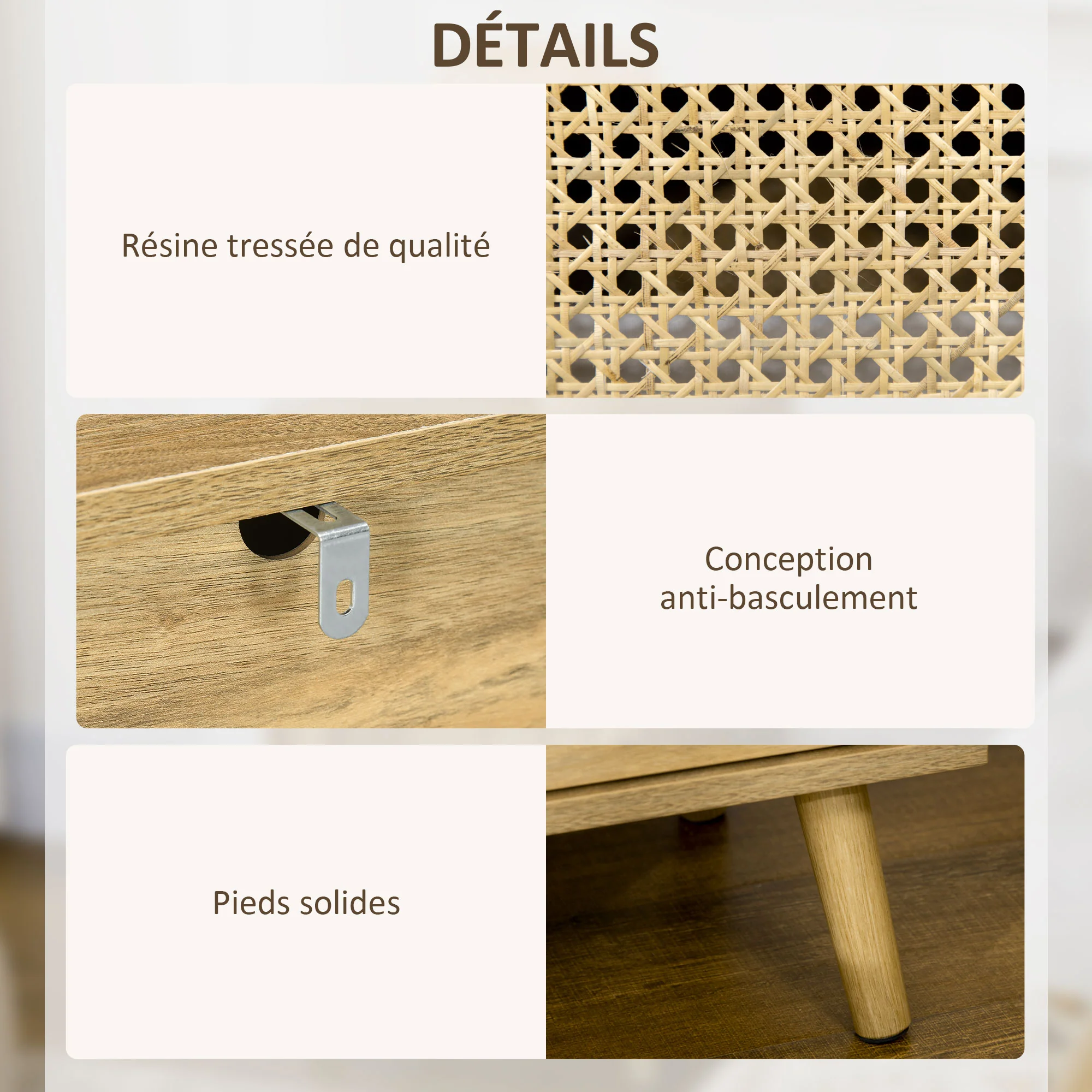 Table de chevet table de nuit avec placard porte cannage et niche design vintage 39 x 35 x 60 cm naturel - Image 7