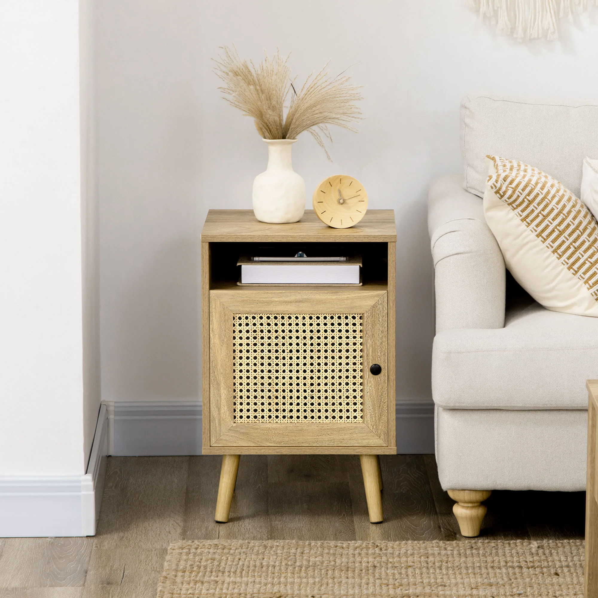 Table de chevet table de nuit avec placard porte cannage et niche design vintage 39 x 35 x 60 cm naturel - Image 8