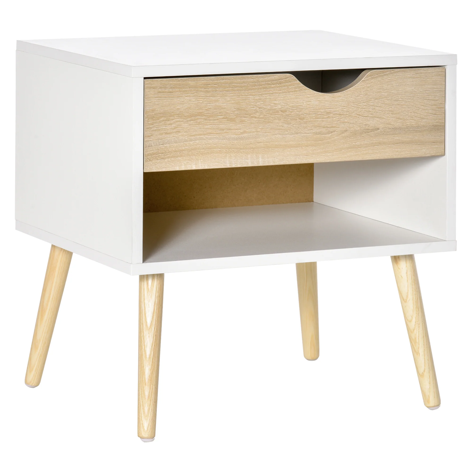Table de chevet, table de nuit, avec tiroir, design moderne, pieds en bois massif, 50 x 39 x 51 cm, blanc et bois naturel - Image 2