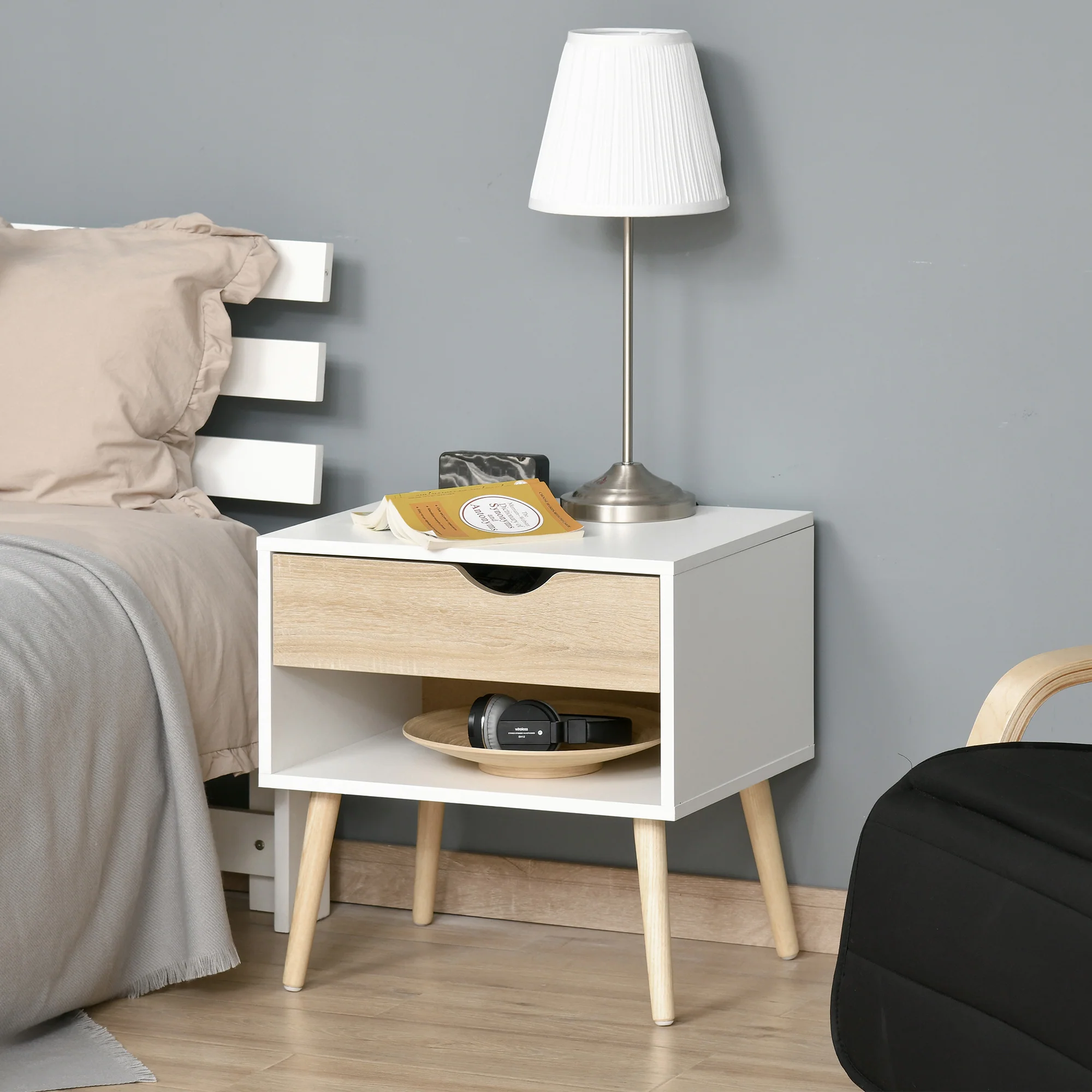 Table de chevet, table de nuit, avec tiroir, design moderne, pieds en bois massif, 50 x 39 x 51 cm, blanc et bois naturel - Image 3