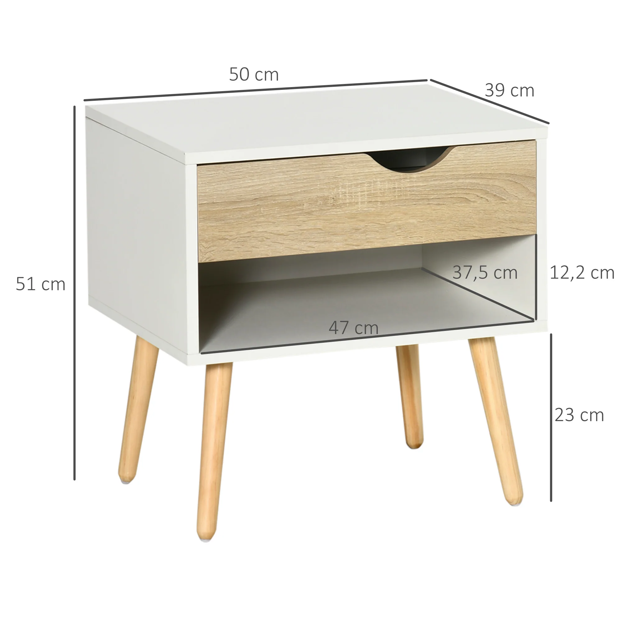Table de chevet, table de nuit, avec tiroir, design moderne, pieds en bois massif, 50 x 39 x 51 cm, blanc et bois naturel - Image 4