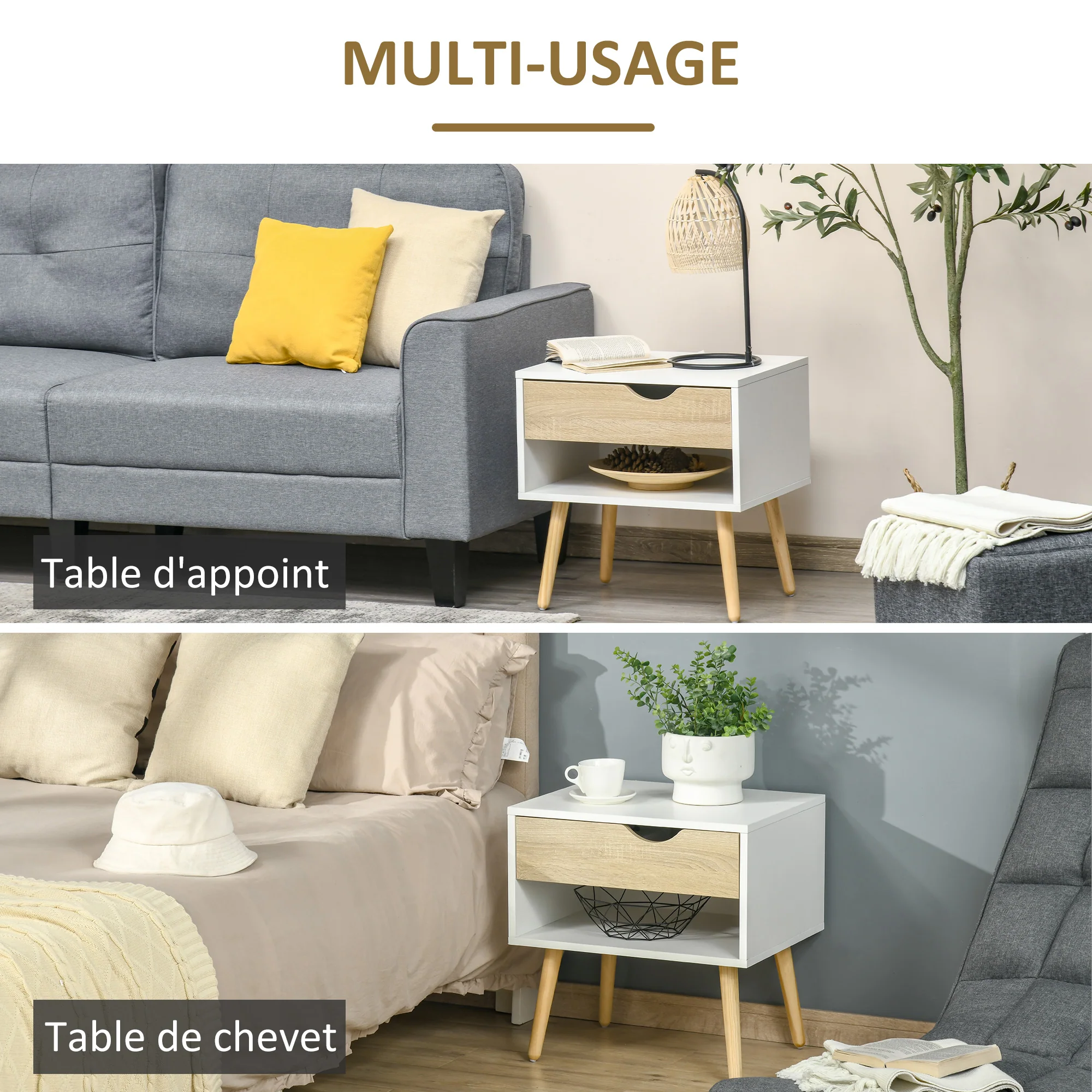 Table de chevet, table de nuit, avec tiroir, design moderne, pieds en bois massif, 50 x 39 x 51 cm, blanc et bois naturel - Image 5