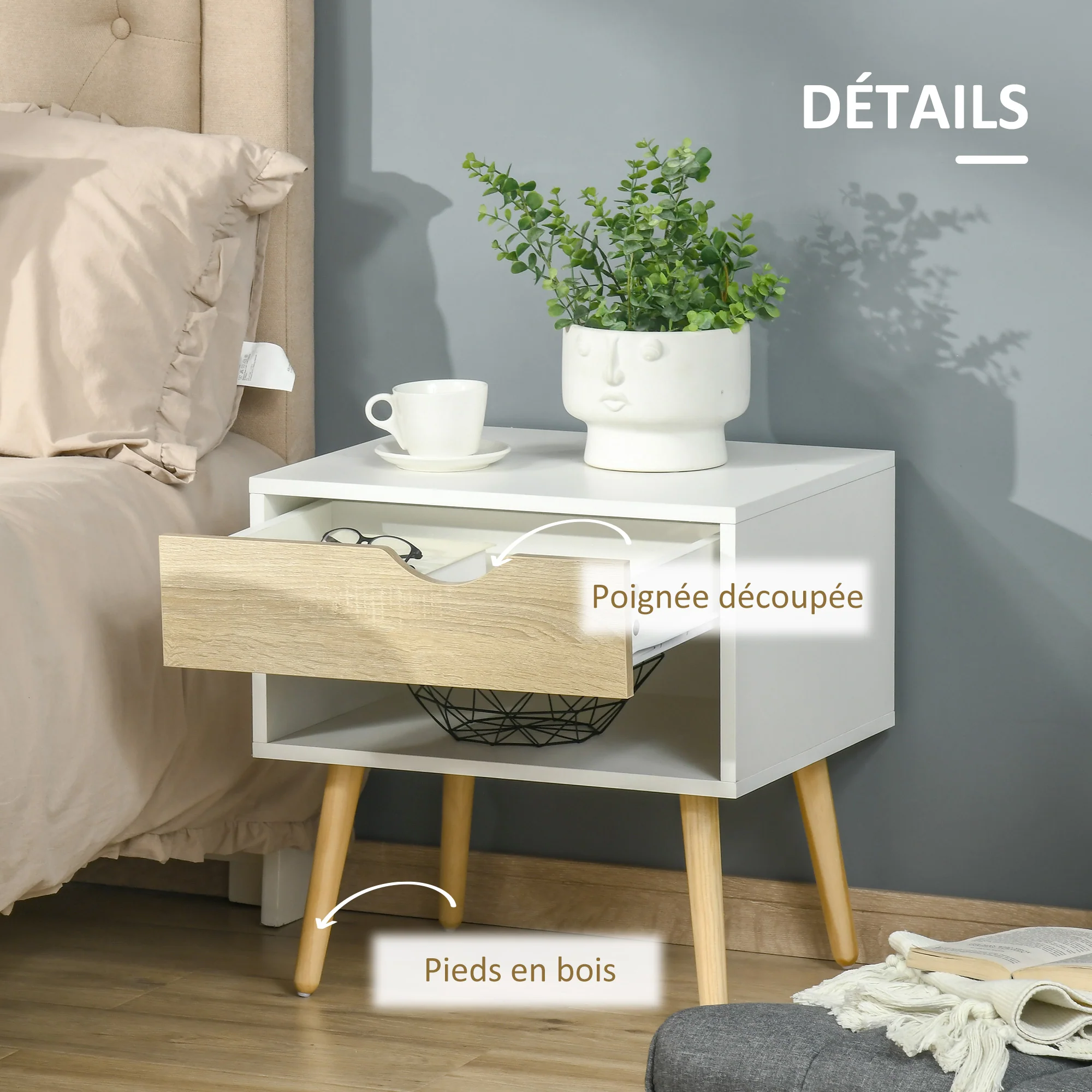 Table de chevet, table de nuit, avec tiroir, design moderne, pieds en bois massif, 50 x 39 x 51 cm, blanc et bois naturel - Image 6