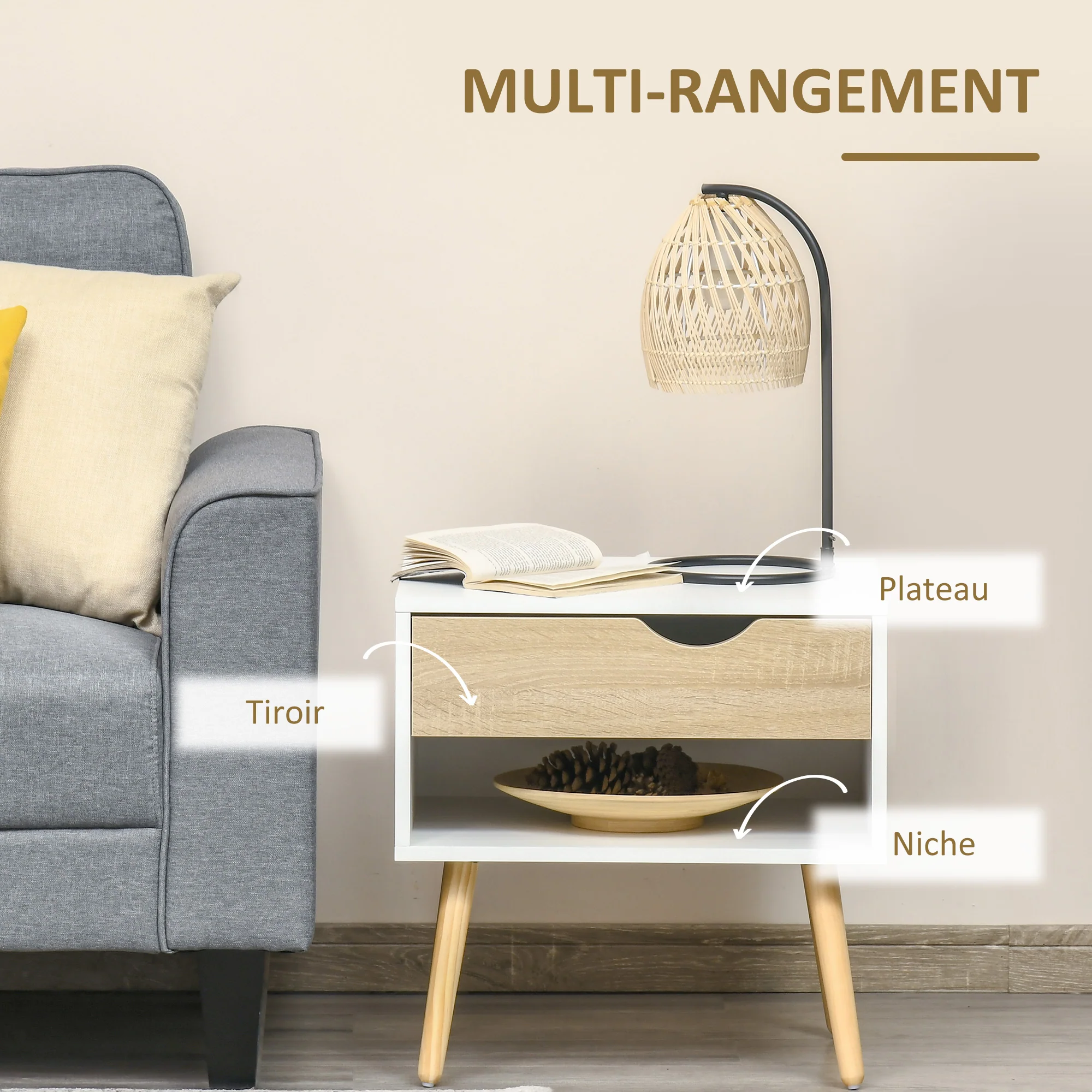 Table de chevet, table de nuit, avec tiroir, design moderne, pieds en bois massif, 50 x 39 x 51 cm, blanc et bois naturel - Image 7