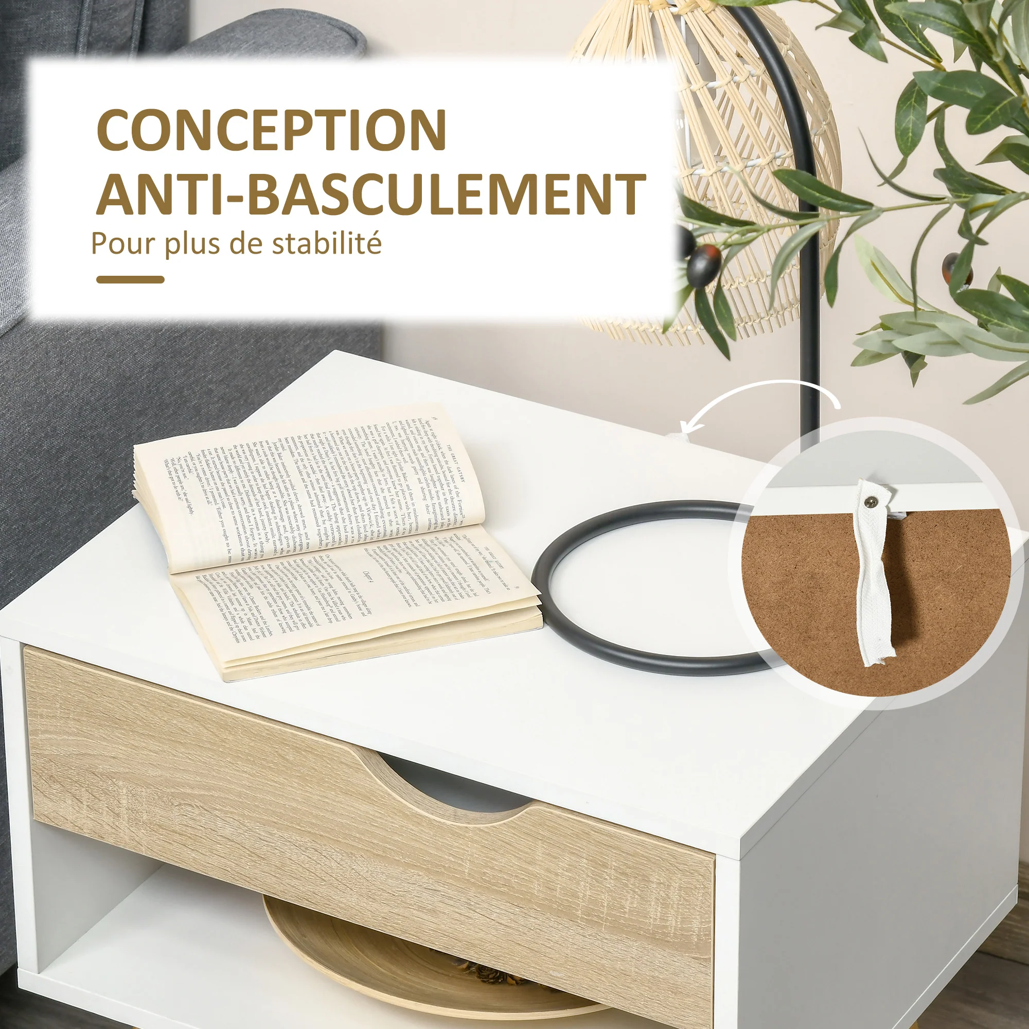 Table de chevet, table de nuit, avec tiroir, design moderne, pieds en bois massif, 50 x 39 x 51 cm, blanc et bois naturel - Image 8