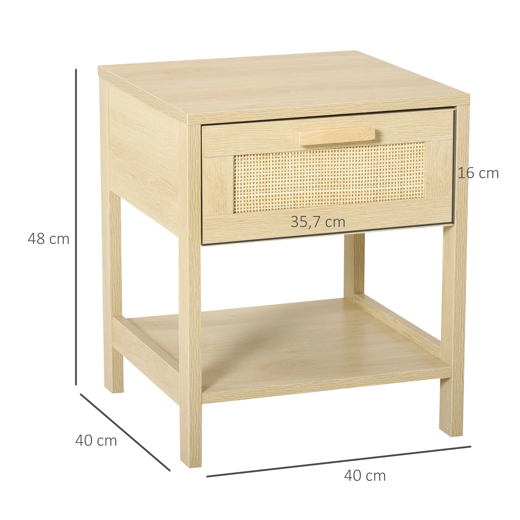 Table de chevet table de nuit avec tiroir et étagère, cannage en rotin, dim. 40L x 40l x 48H cm aspect bois naturel clair - Image 4