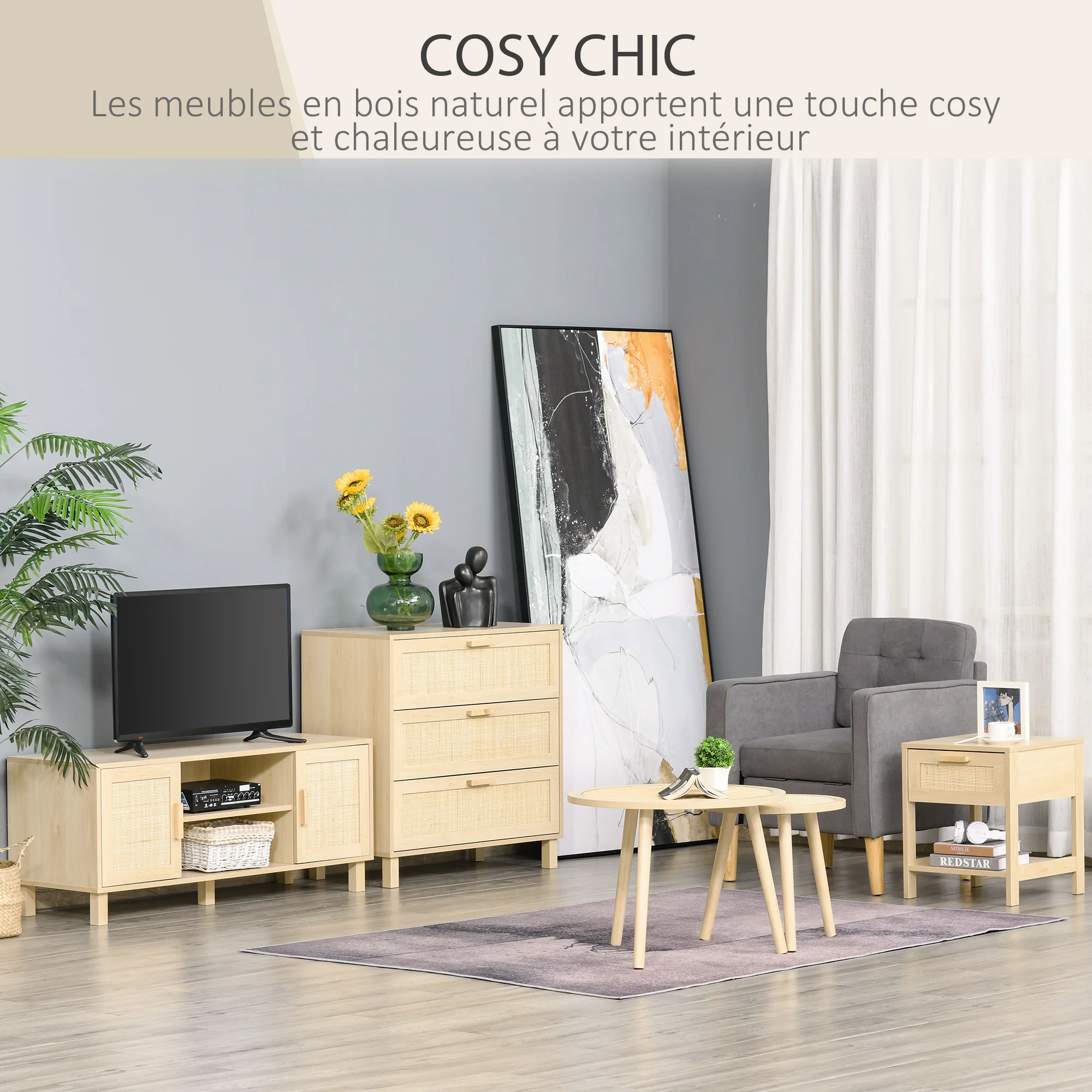 Table de chevet table de nuit avec tiroir et étagère, cannage en rotin, dim. 40L x 40l x 48H cm aspect bois naturel clair - Image 5