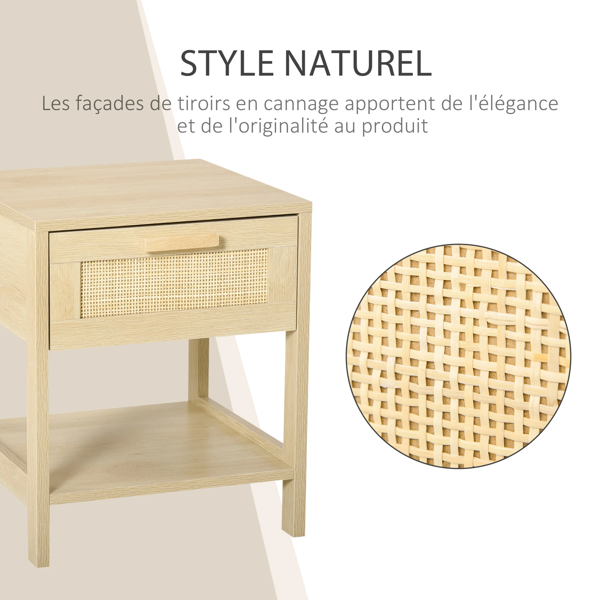 Table de chevet table de nuit avec tiroir et étagère, cannage en rotin, dim. 40L x 40l x 48H cm aspect bois naturel clair - Image 6