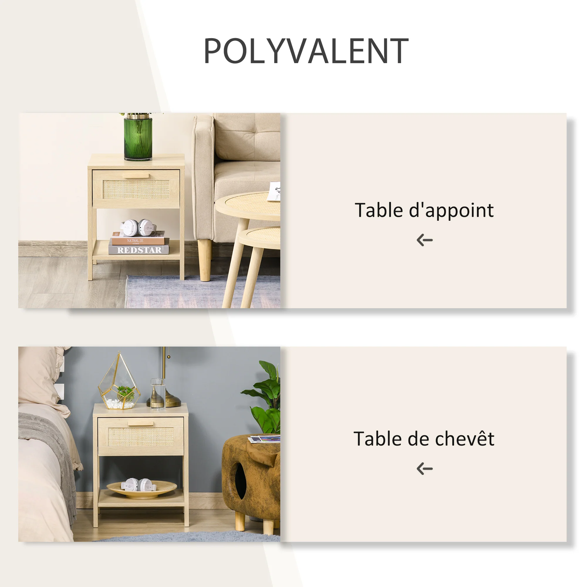 Table de chevet table de nuit avec tiroir et étagère, cannage en rotin, dim. 40L x 40l x 48H cm aspect bois naturel clair - Image 7