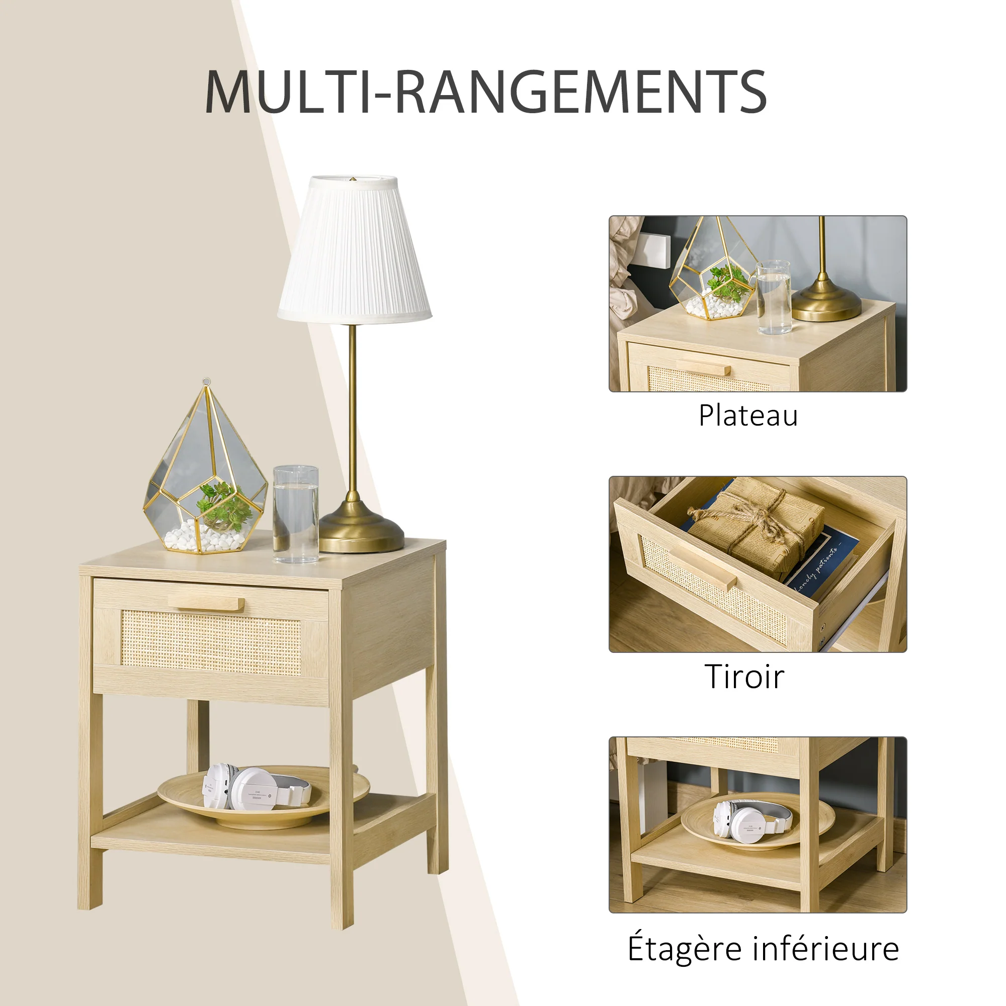 Table de chevet table de nuit avec tiroir et étagère, cannage en rotin, dim. 40L x 40l x 48H cm aspect bois naturel clair - Image 8