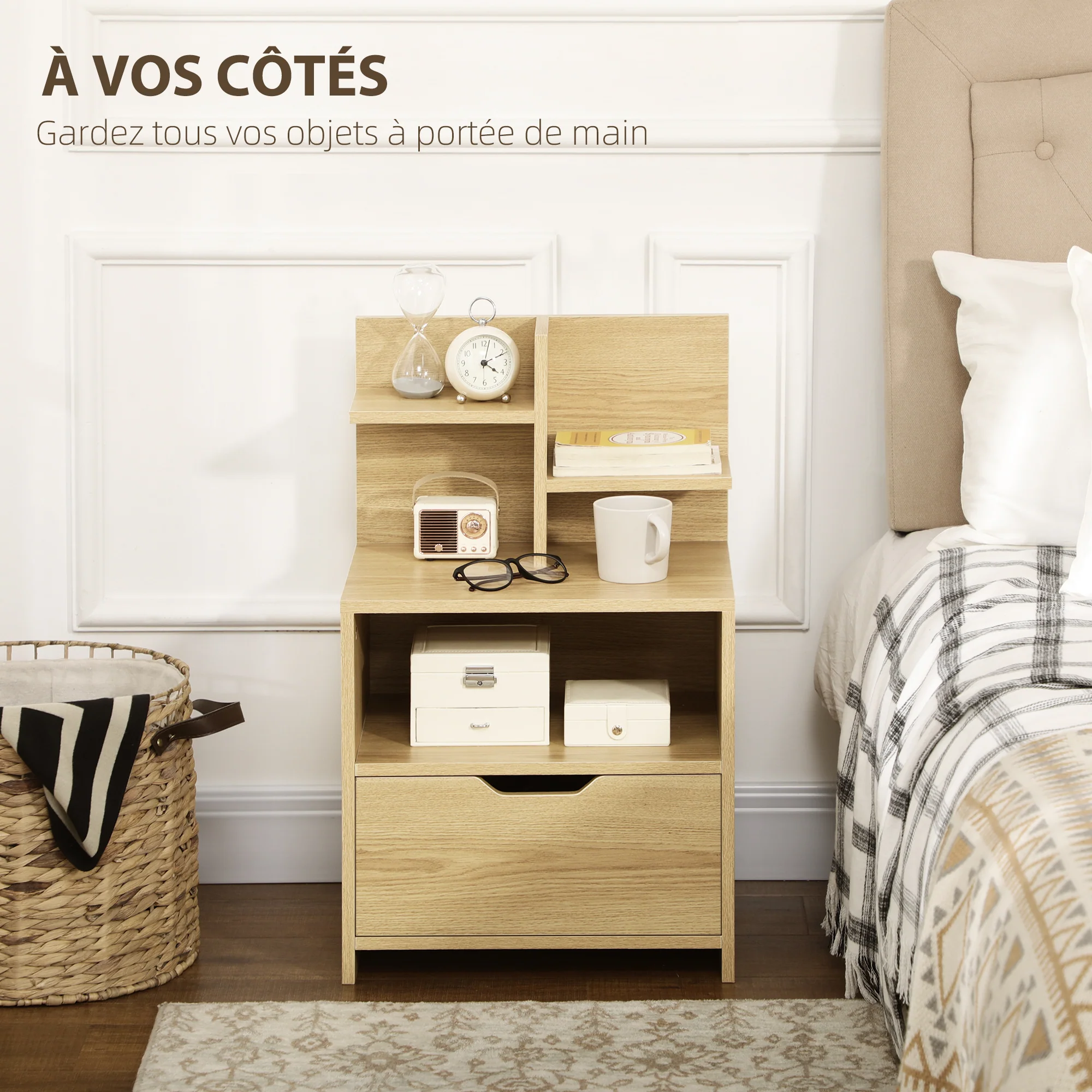 Table de chevet table de nuit avec tiroir, niche et étagères de rangement effet bois - 45 x 35 x 73 cm naturel - Image 5