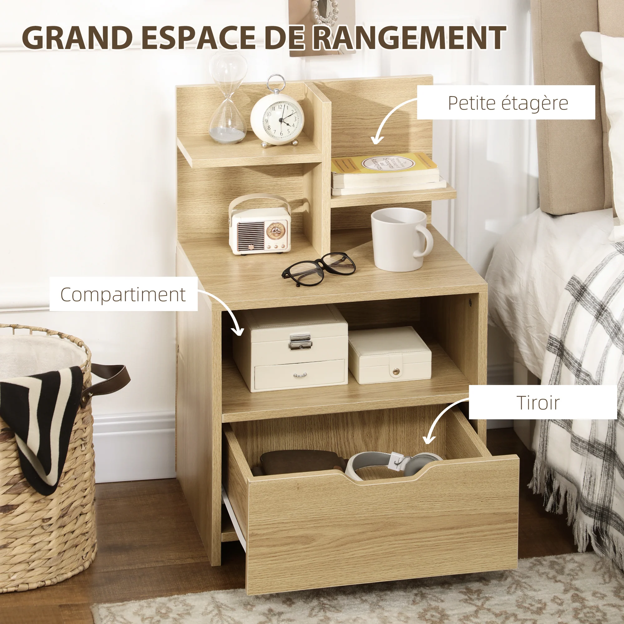 Table de chevet table de nuit avec tiroir, niche et étagères de rangement effet bois - 45 x 35 x 73 cm naturel - Image 6