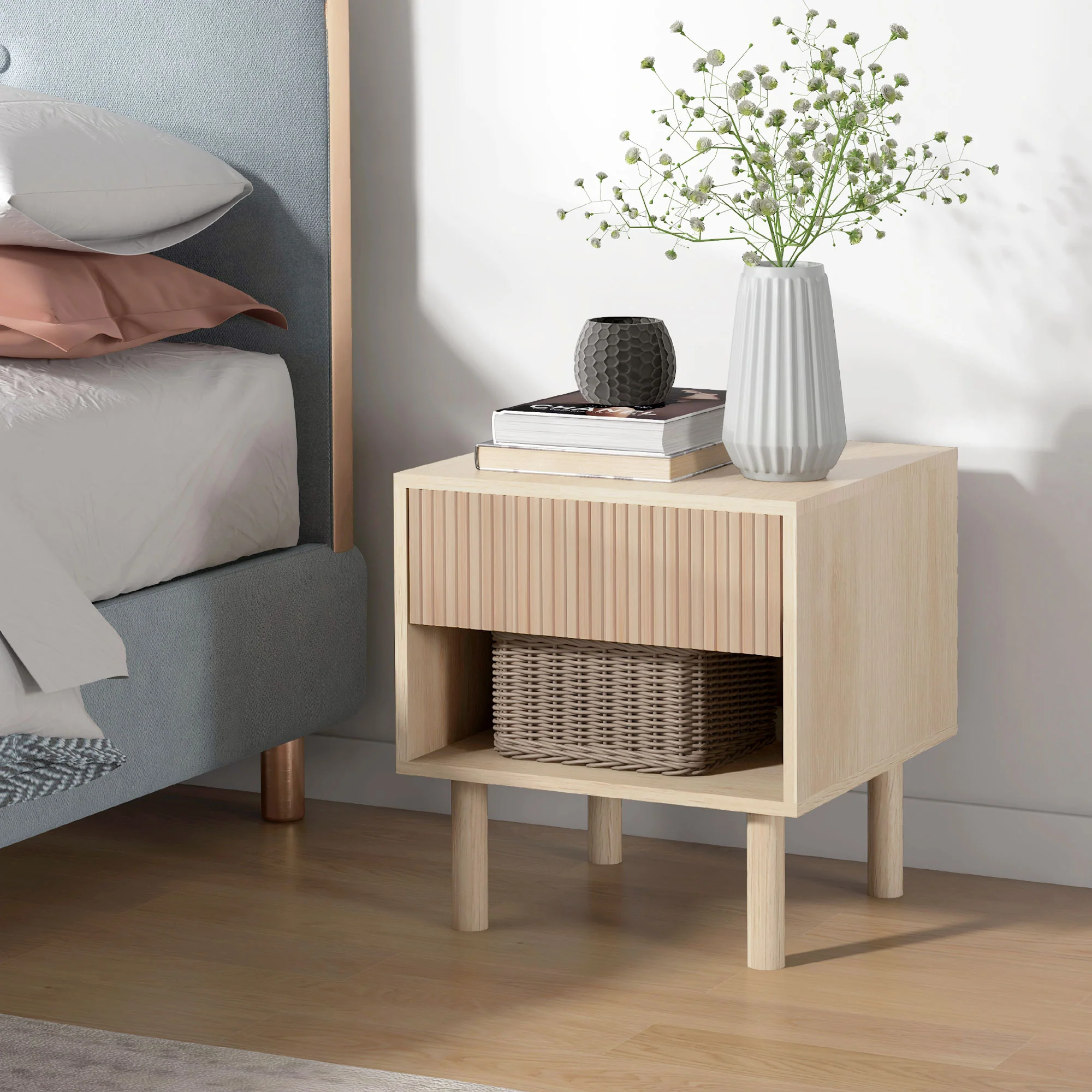 Table de chevet table de nuit avec tiroirs et niches, table d'appoint style moderne pour chambre à coucher, salon, dim. 47 x 47 x 50 cm, finition bois naturel - Image 3