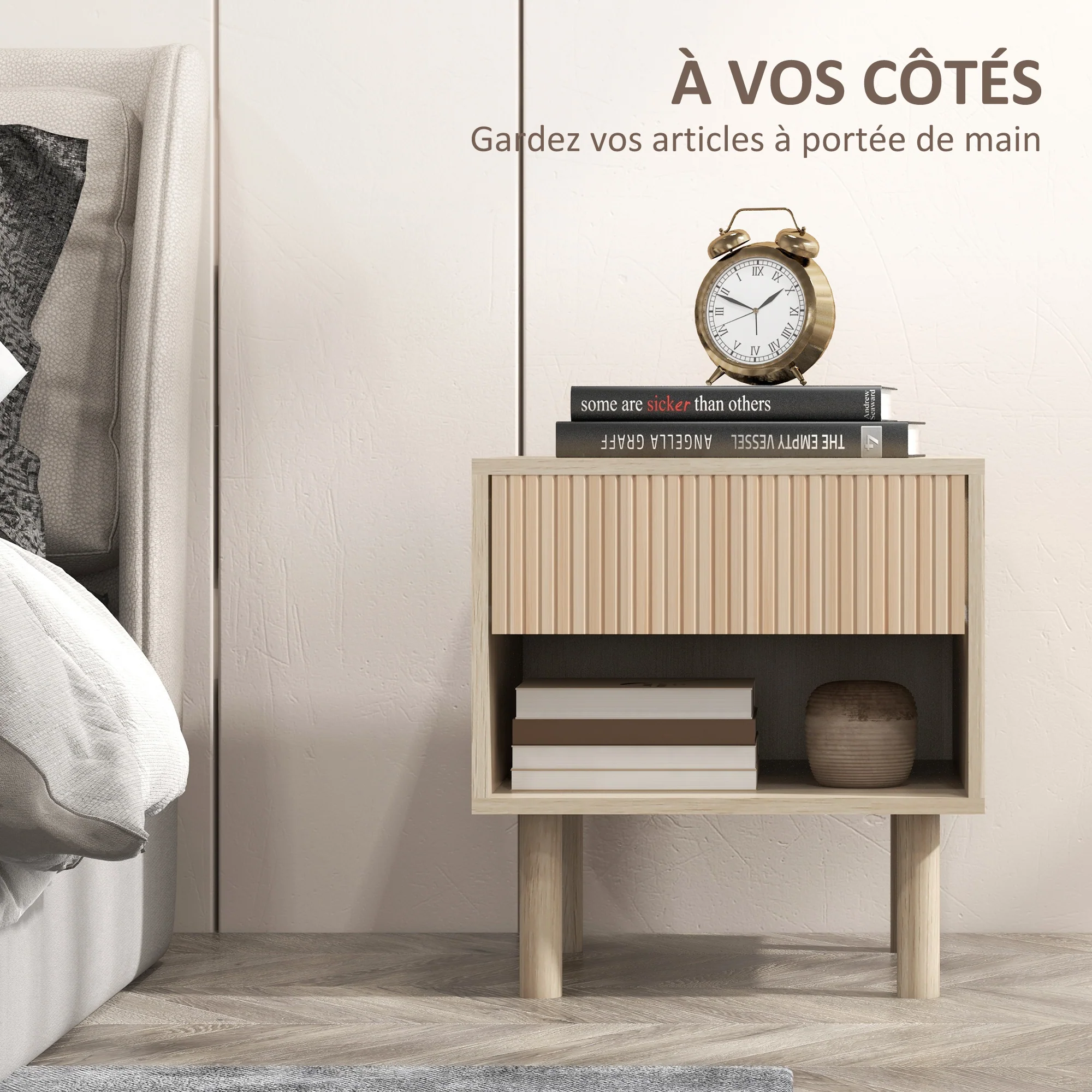 Table de chevet table de nuit avec tiroirs et niches, table d'appoint style moderne pour chambre à coucher, salon, dim. 47 x 47 x 50 cm, finition bois naturel - Image 5