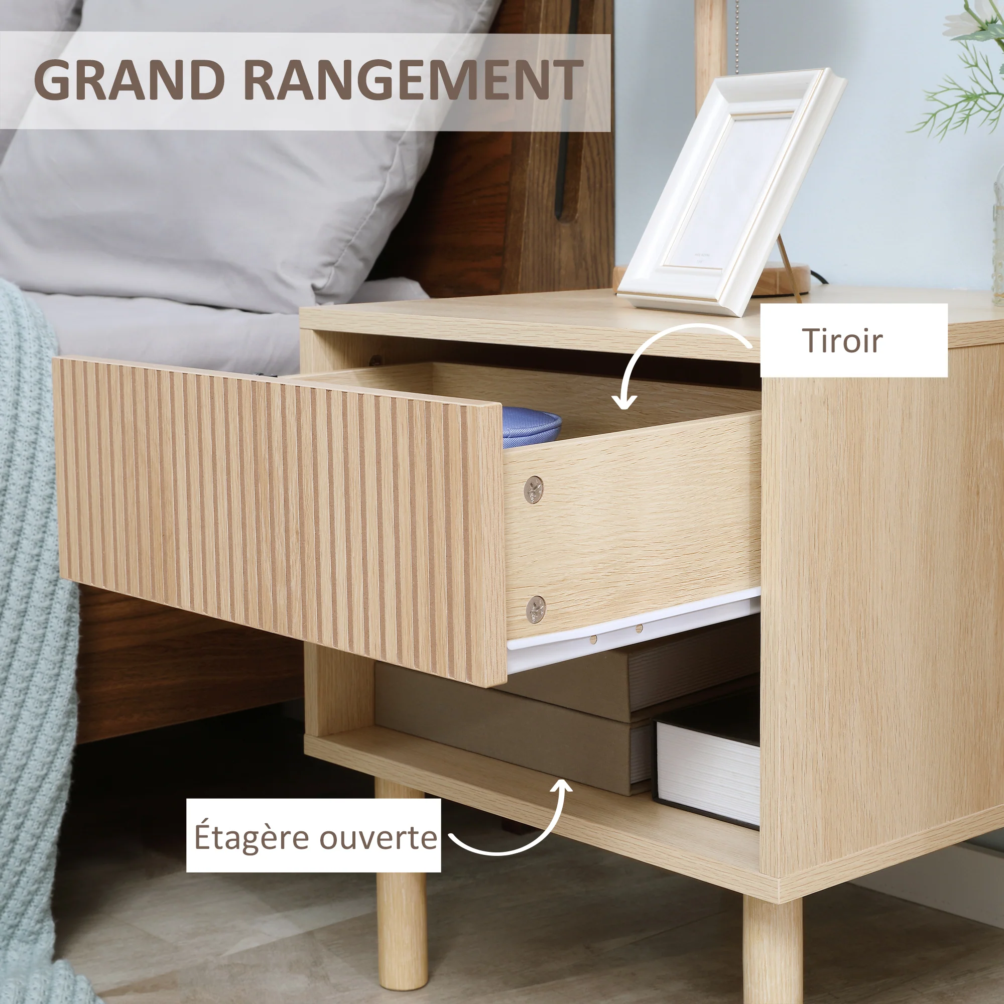 Table de chevet table de nuit avec tiroirs et niches, table d'appoint style moderne pour chambre à coucher, salon, dim. 47 x 47 x 50 cm, finition bois naturel - Image 6