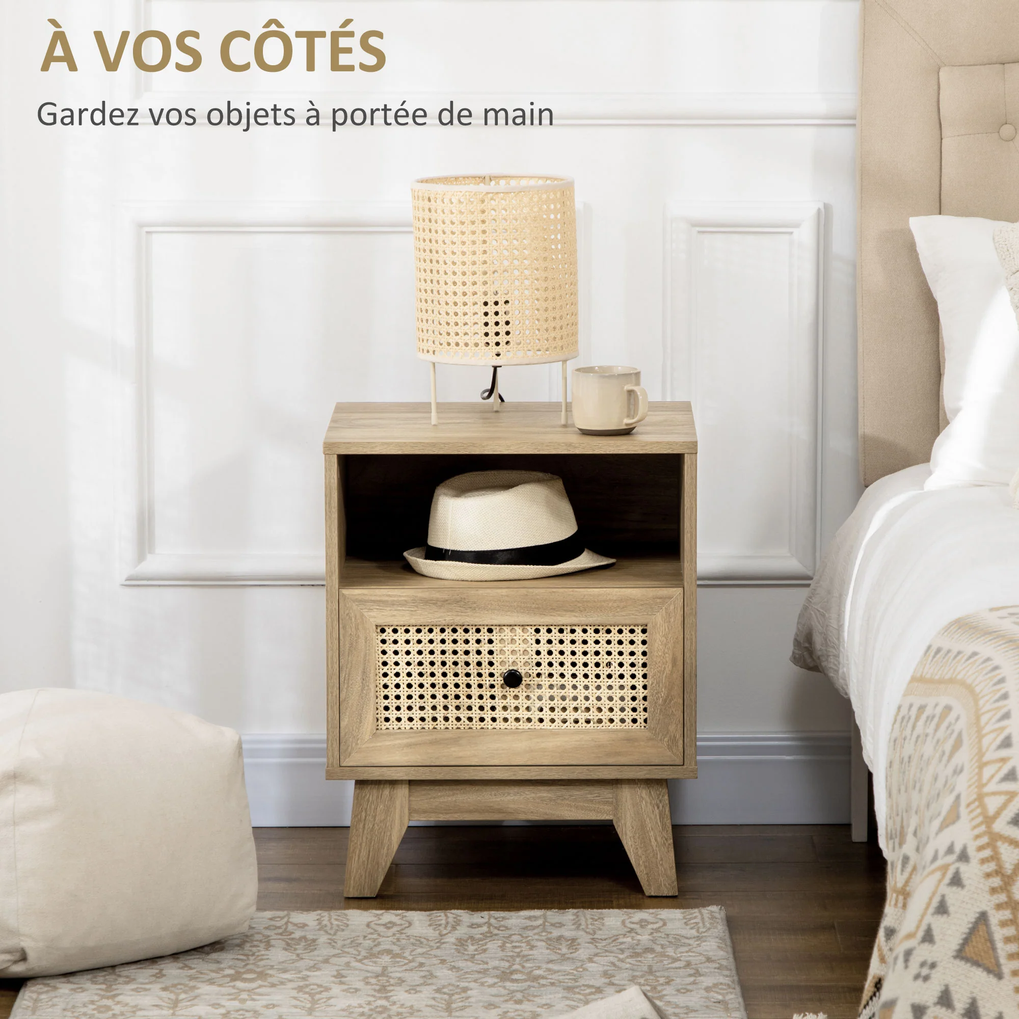 Table de chevet table de nuit meuble de rangement avec tiroir porte cannage et niche design vintage 45 x 39 x 56,5 cm - Image 5