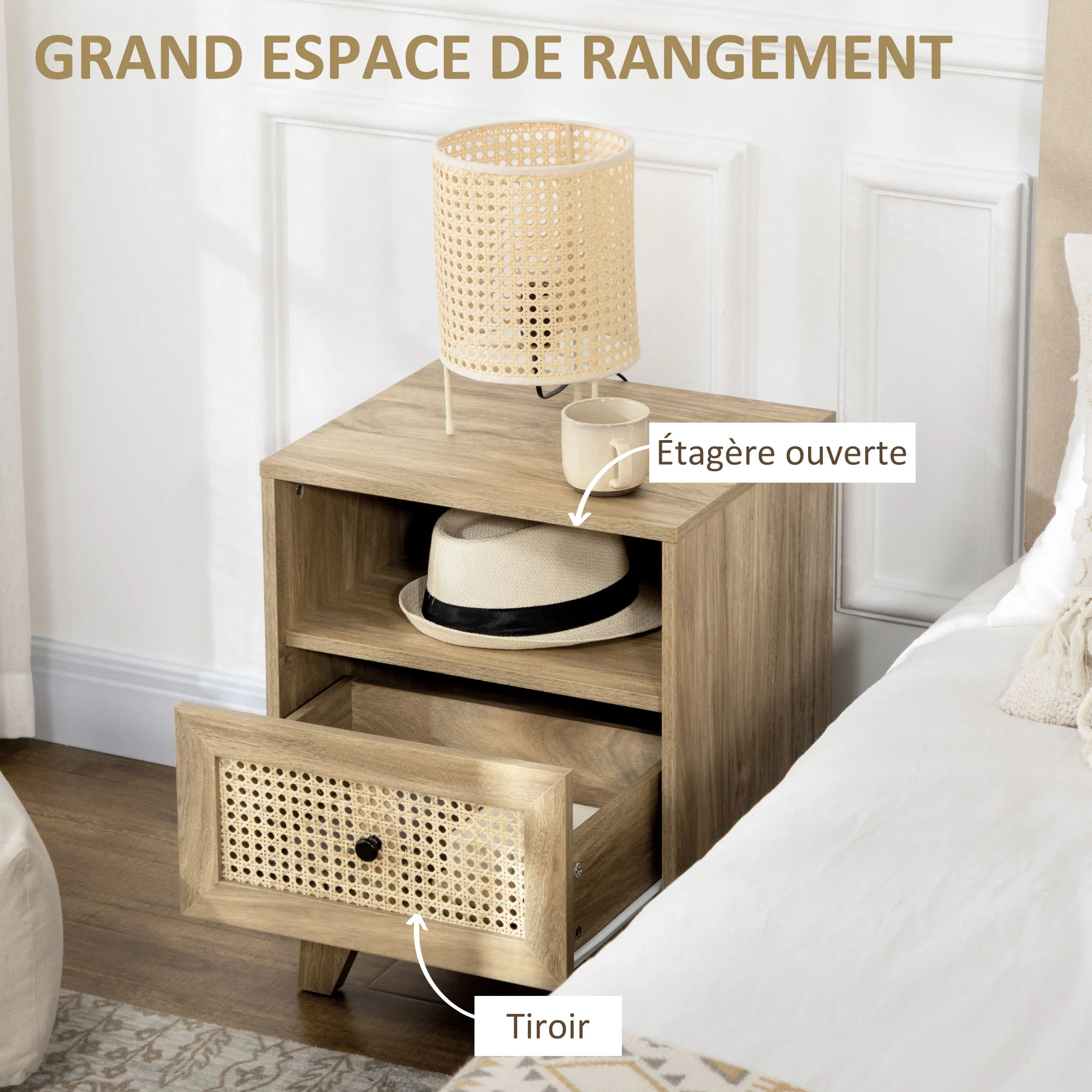 Table de chevet table de nuit meuble de rangement avec tiroir porte cannage et niche design vintage 45 x 39 x 56,5 cm - Image 6