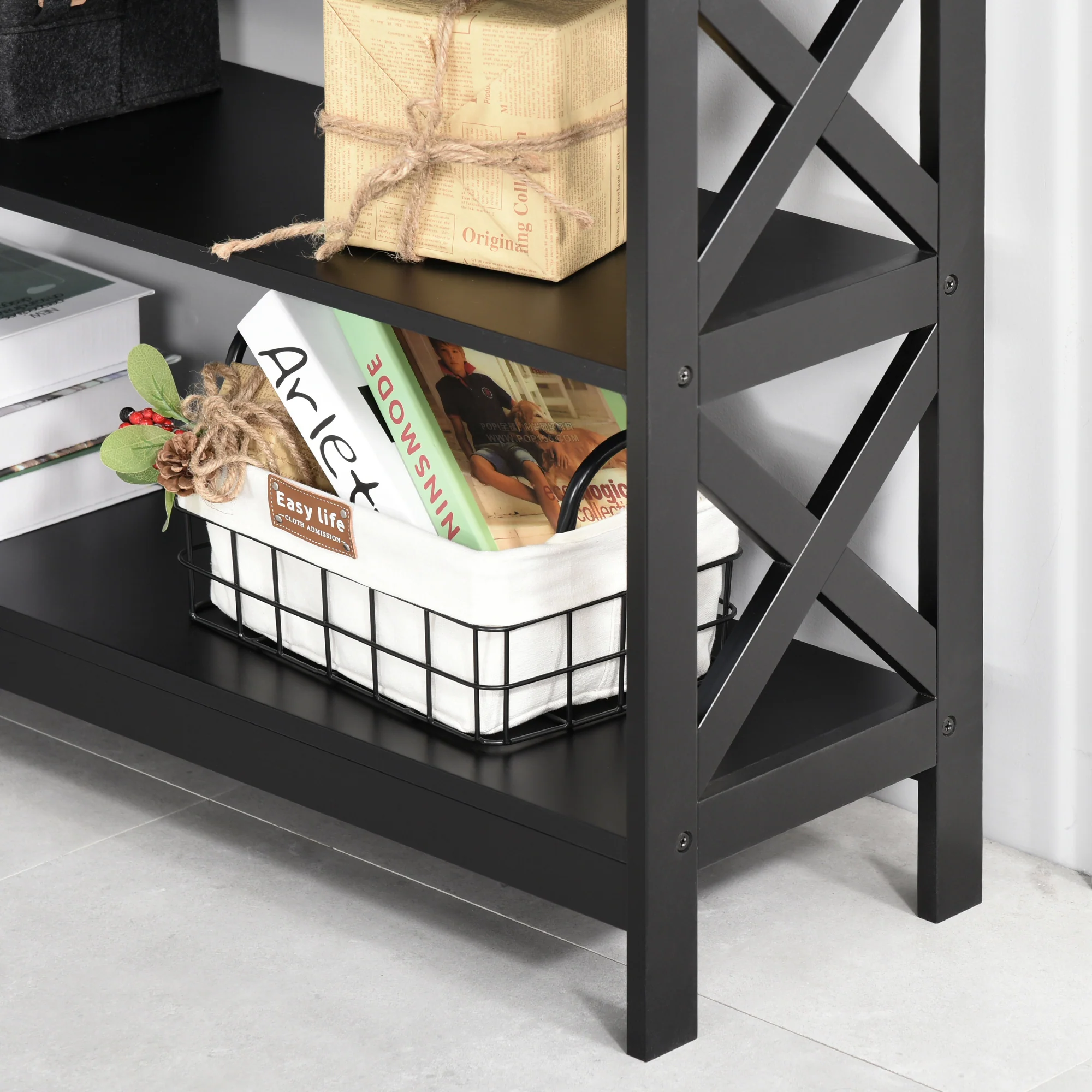 Table de console table d'entrée style table de drapier néo-rétro 2 tiroirs 2 étagères dim. 100L x 30.5l x 80H cm MDF noir - Image 10