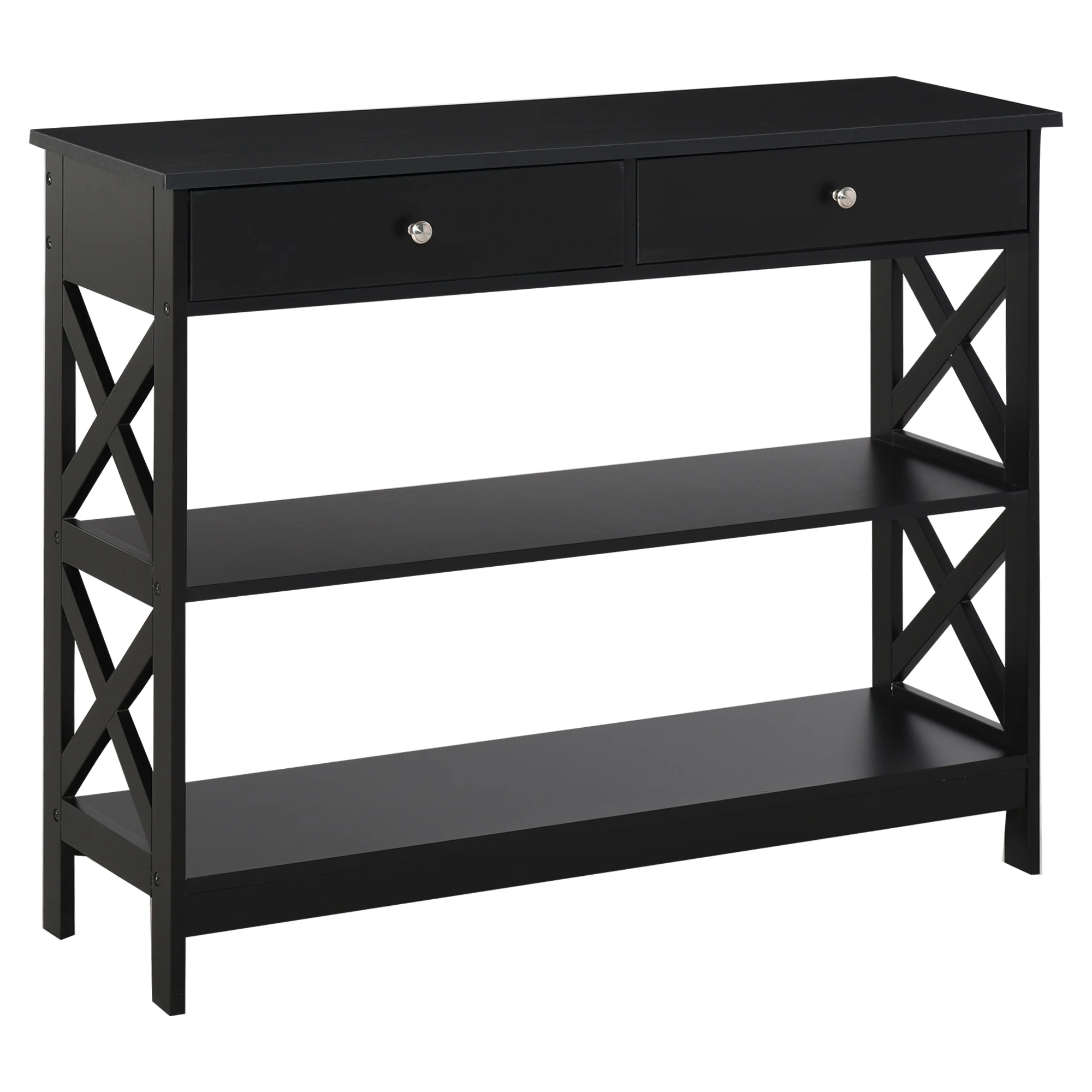 Table de console table d'entrée style table de drapier néo-rétro 2 tiroirs 2 étagères dim. 100L x 30.5l x 80H cm MDF noir - Image 11