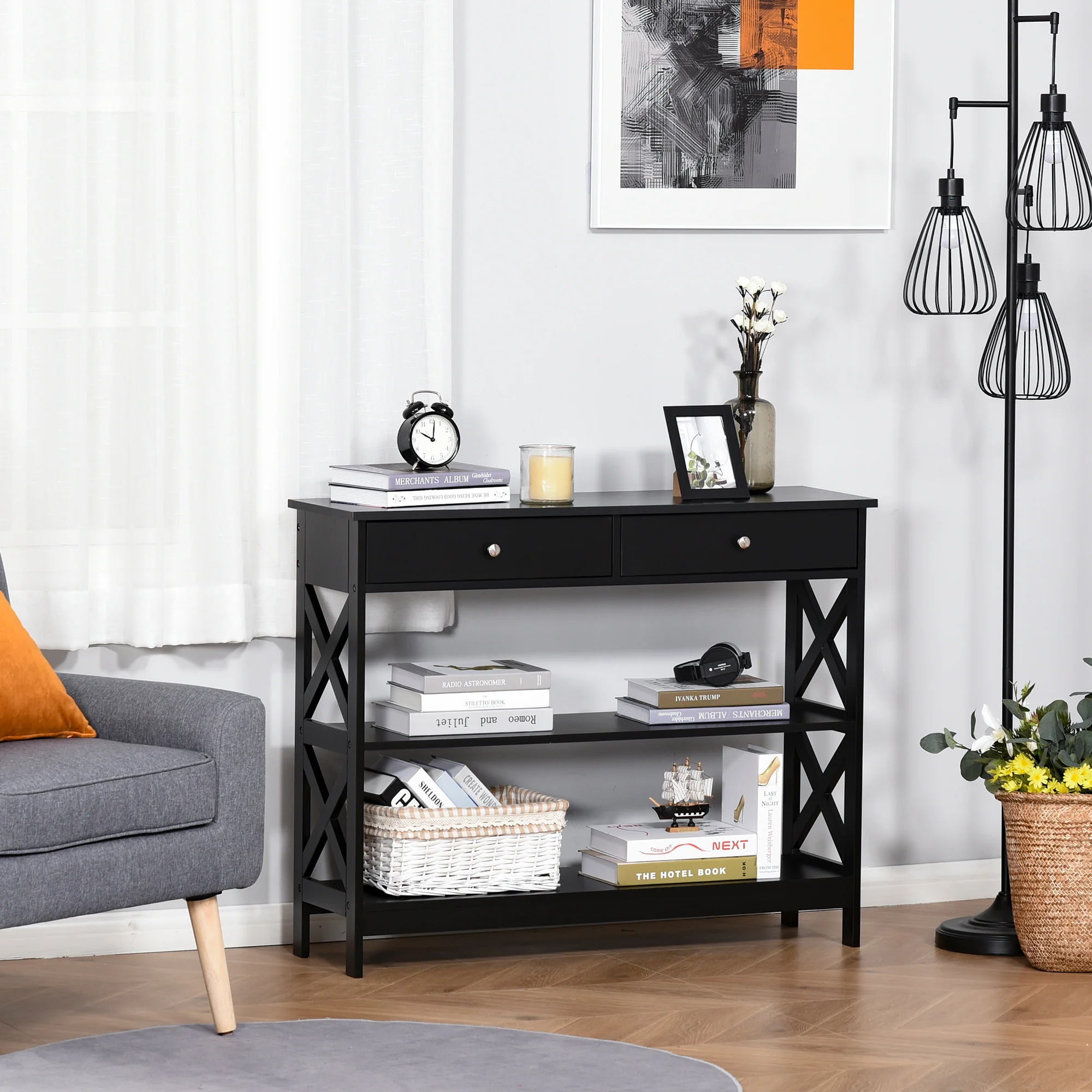Table de console table d'entrée style table de drapier néo-rétro 2 tiroirs 2 étagères dim. 100L x 30.5l x 80H cm MDF noir - Image 3