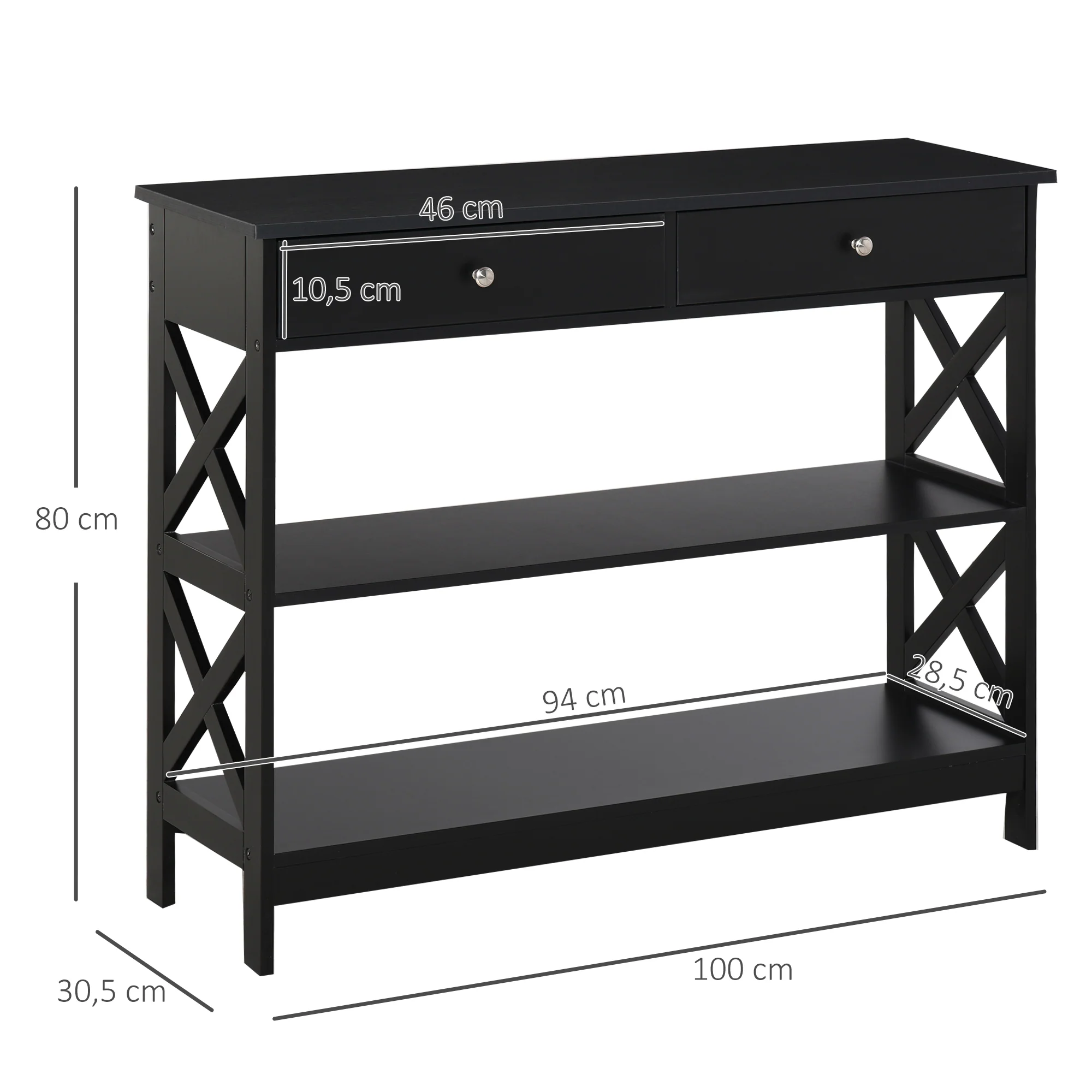 Table de console table d'entrée style table de drapier néo-rétro 2 tiroirs 2 étagères dim. 100L x 30.5l x 80H cm MDF noir - Image 4