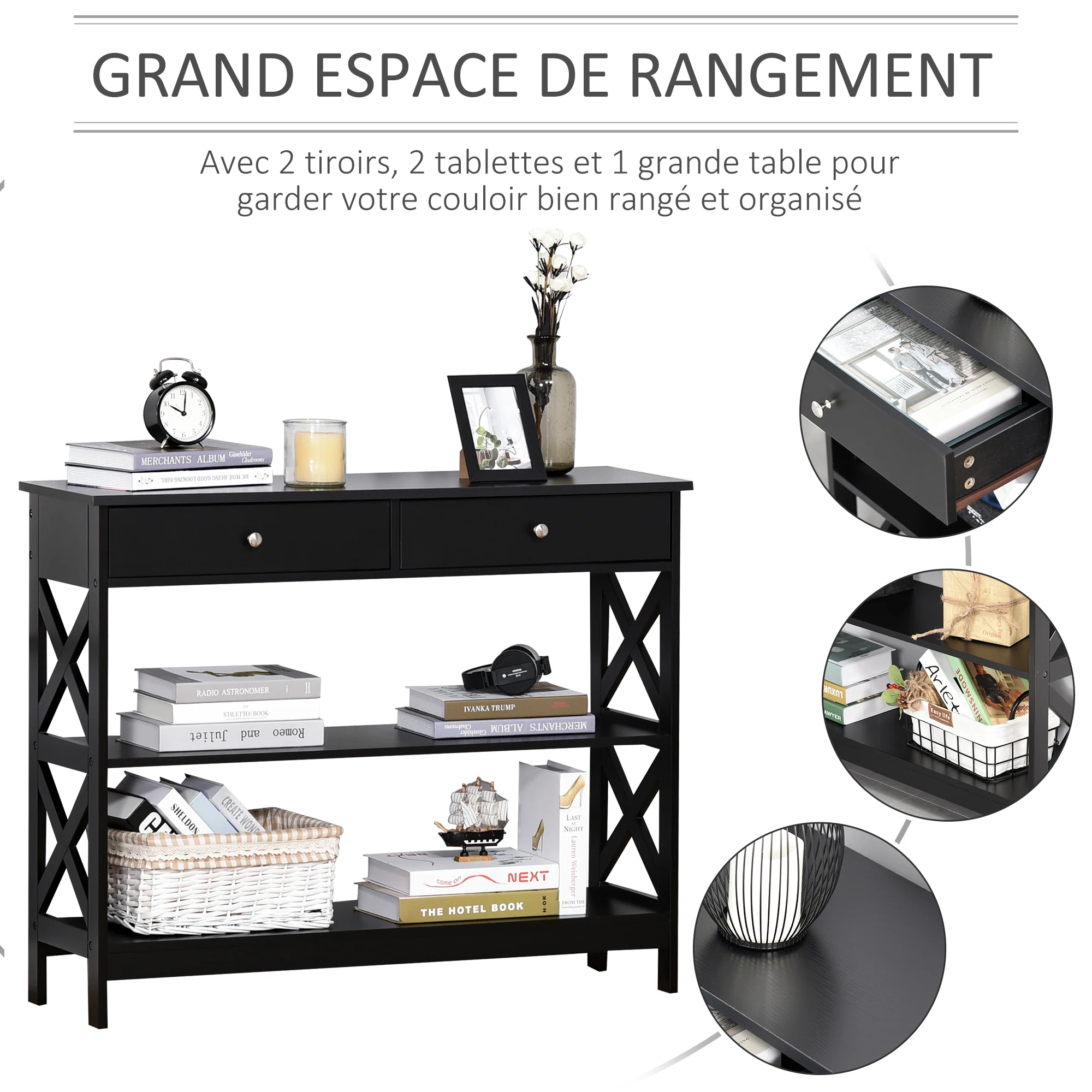 Table de console table d'entrée style table de drapier néo-rétro 2 tiroirs 2 étagères dim. 100L x 30.5l x 80H cm MDF noir - Image 5