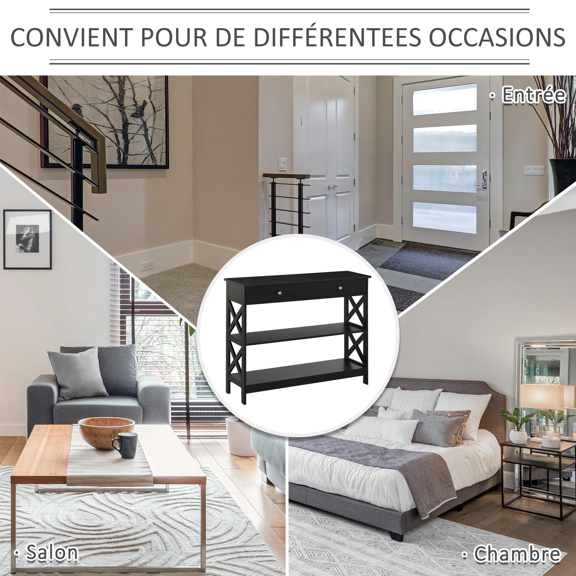 Table de console table d'entrée style table de drapier néo-rétro 2 tiroirs 2 étagères dim. 100L x 30.5l x 80H cm MDF noir - Image 6