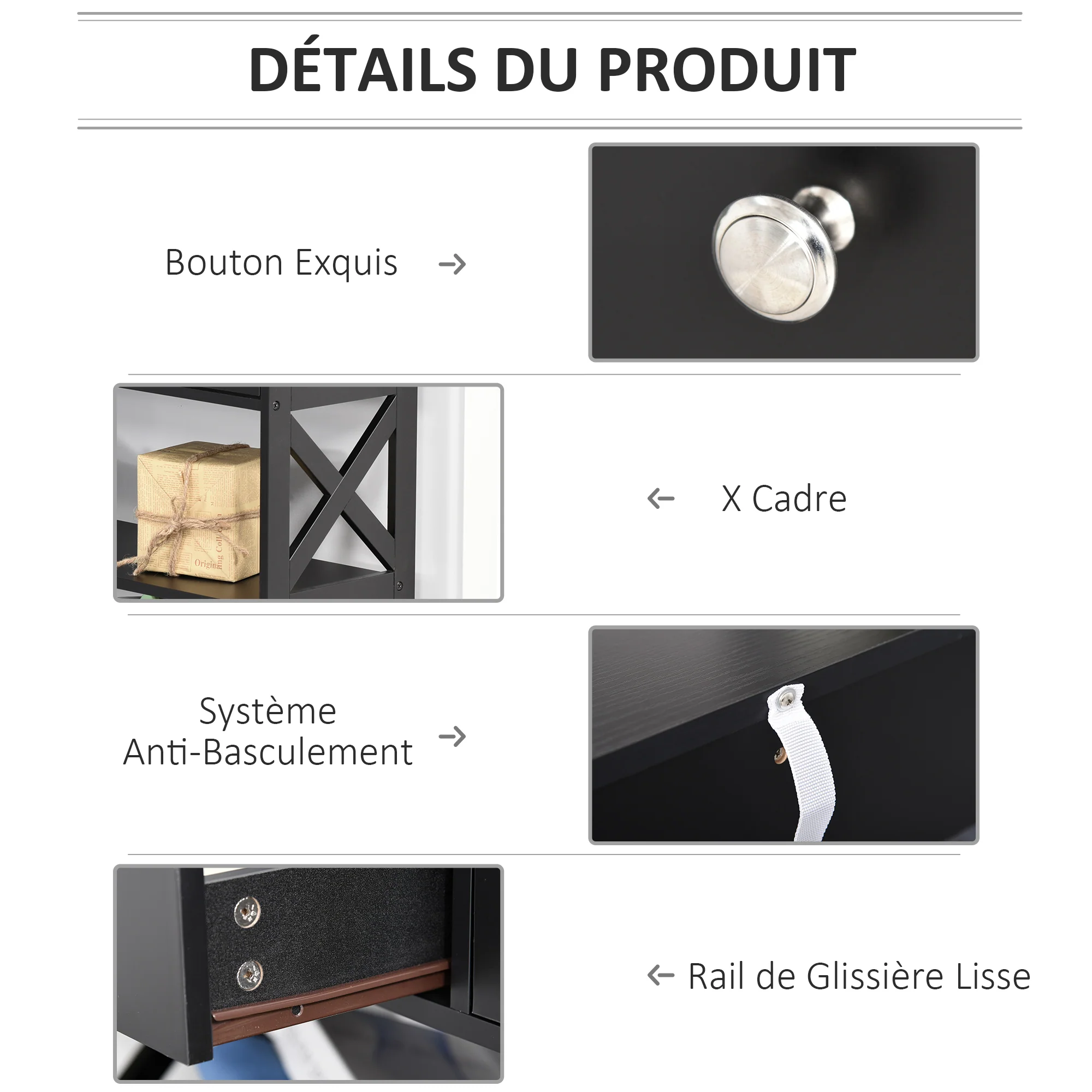 Table de console table d'entrée style table de drapier néo-rétro 2 tiroirs 2 étagères dim. 100L x 30.5l x 80H cm MDF noir - Image 7
