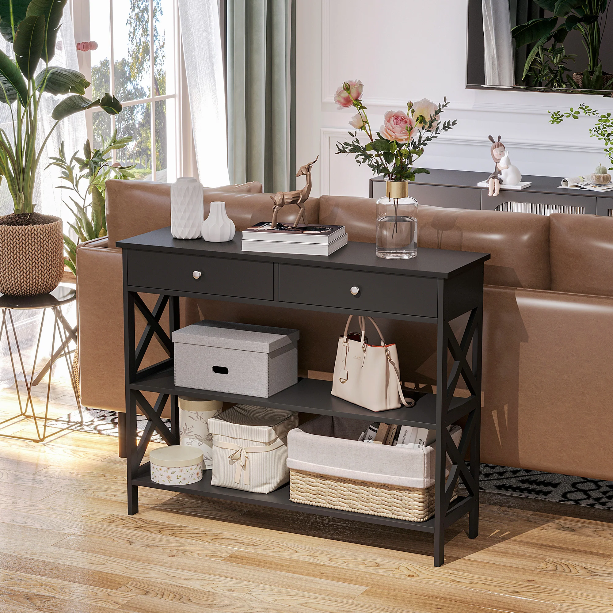 Table de console table d'entrée style table de drapier néo-rétro 2 tiroirs 2 étagères dim. 100L x 30.5l x 80H cm MDF noir - Image 8