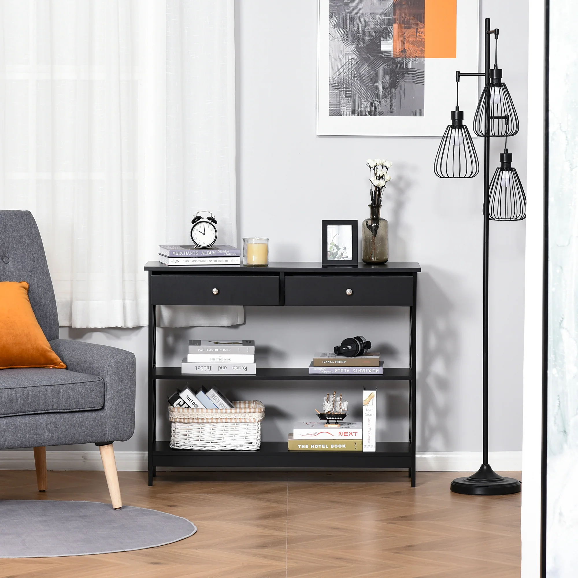 Table de console table d'entrée style table de drapier néo-rétro 2 tiroirs 2 étagères dim. 100L x 30.5l x 80H cm MDF noir - Image 9