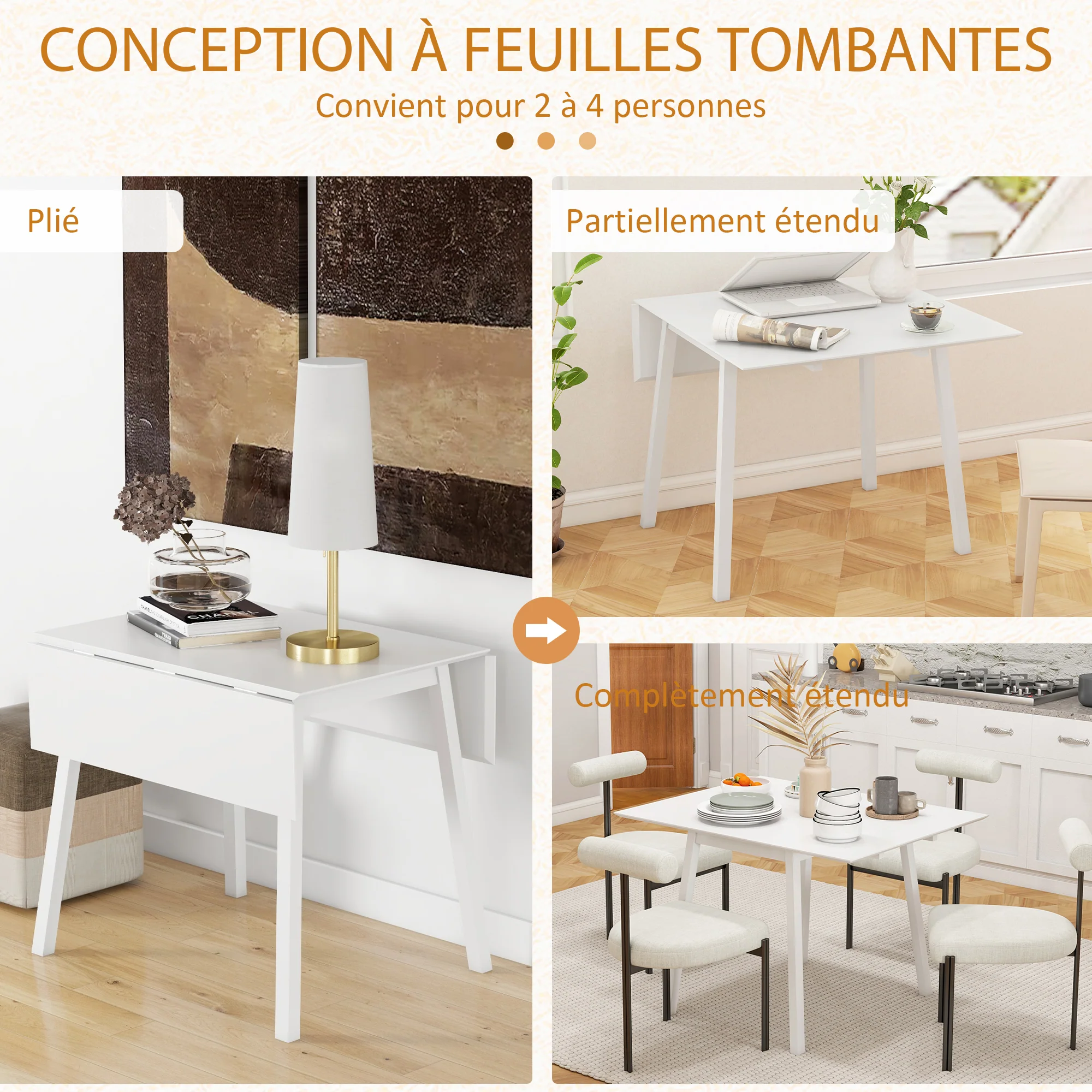 Table de cuisine pliable table à manger pliante avec plateau rabattable en bois pour 2 à 4 personnes, blanc - Image 5