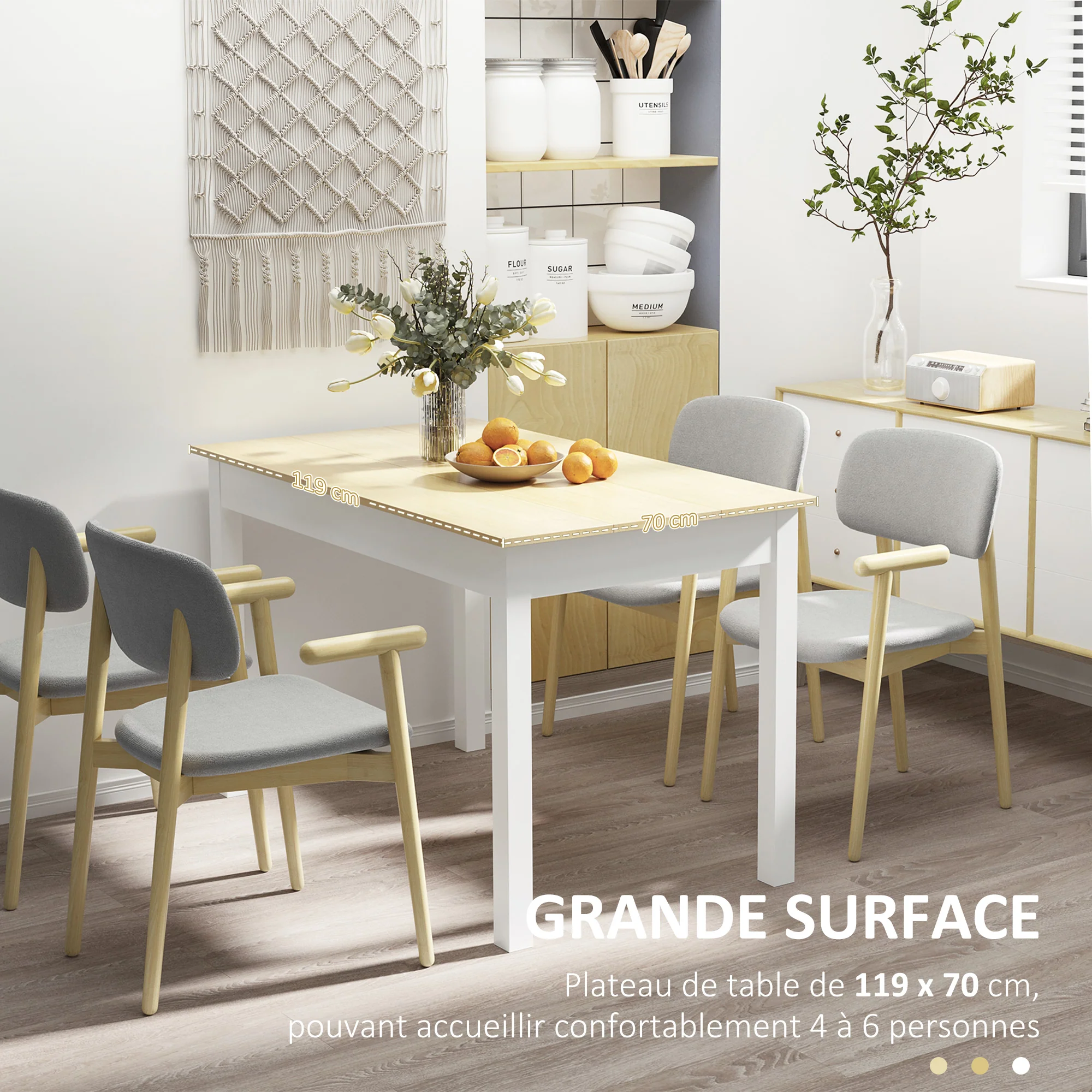 Table de salle à manger design moderne bicolore avec grand plateau 4-6 personnes en bois dim. 119L x 70l x 75H cm - en bois - Image 6