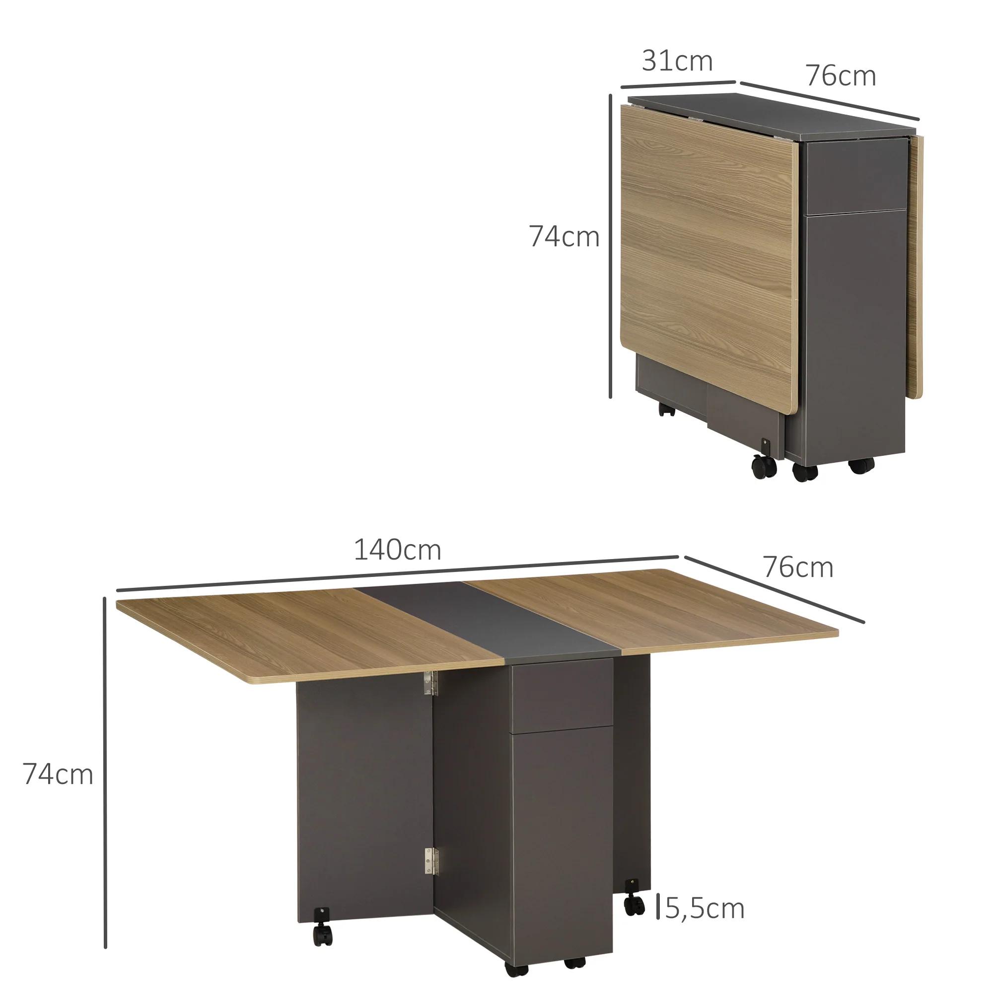 Table de salle à manger pliante sur roulettes avec rangement 2 tiroirs et 1 placard 76 x 140 x 74 cm gris et bois naturel - Image 4