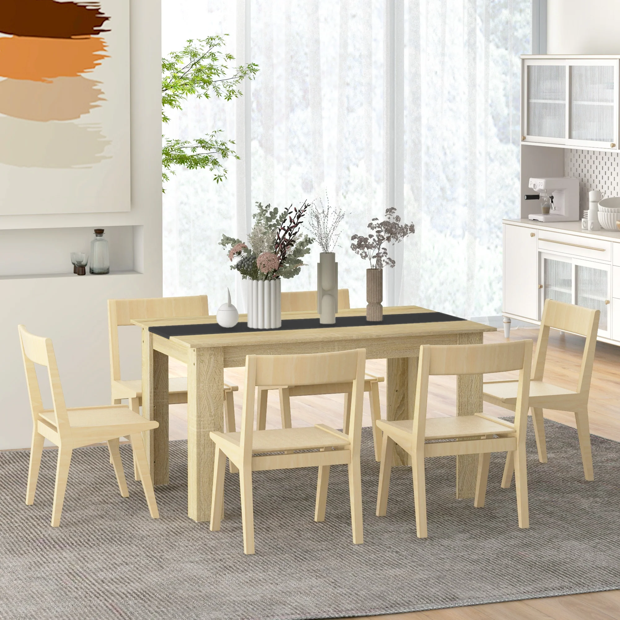 Table de salle à manger table de cuisine pour 6 personnes, style scandinave en bois aspect naturel et noir, dim. 140L x 90l x 75H cm - Image 10