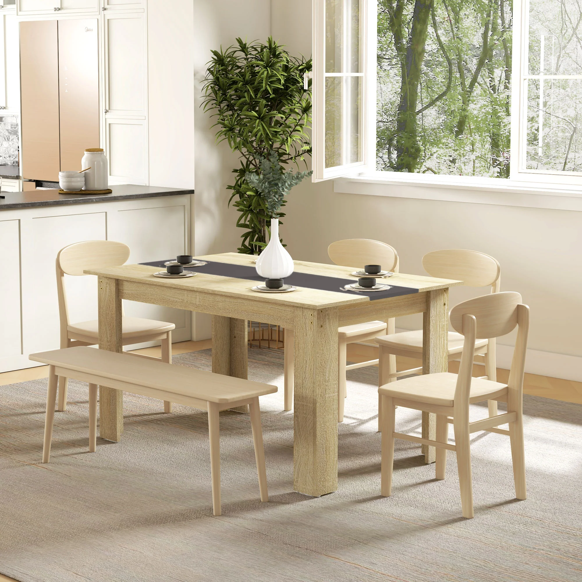 Table de salle à manger table de cuisine pour 6 personnes, style scandinave en bois aspect naturel et noir, dim. 140L x 90l x 75H cm - Image 3